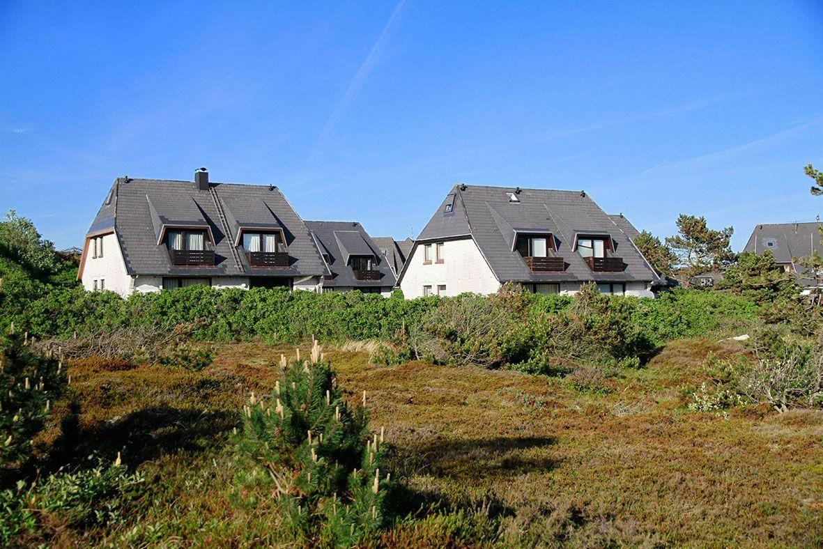 Zwei Häuser mit Dachterrassen und dunklen Dächern stehen in einer grünen Landschaft.