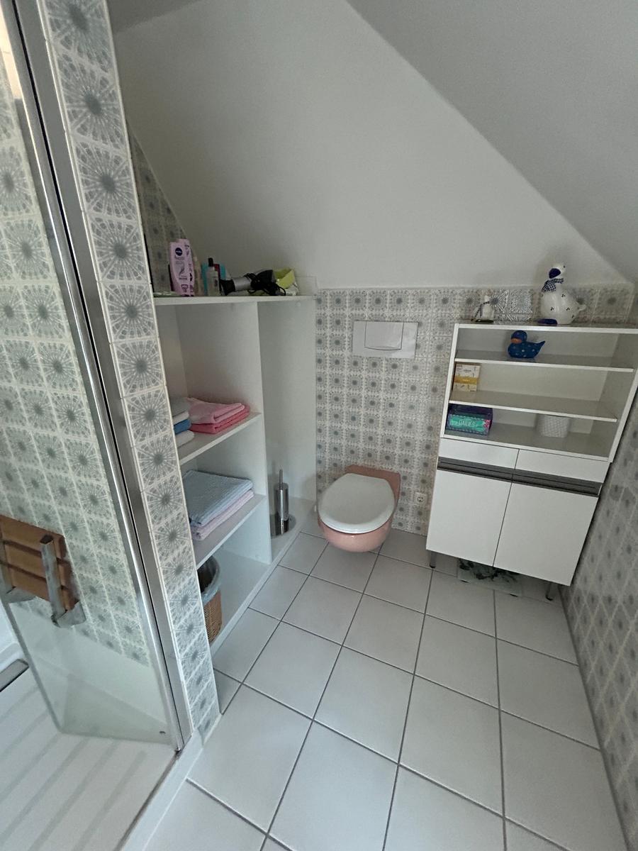 Badezimmer mit Dusche, Toilette und Schränken