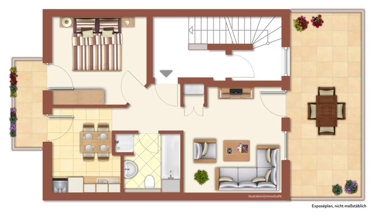 Wohnung mit Schlafzimmer, Wohnbereich, Küche und Bad. Außenterrasse mit Tisch und Stühlen.
