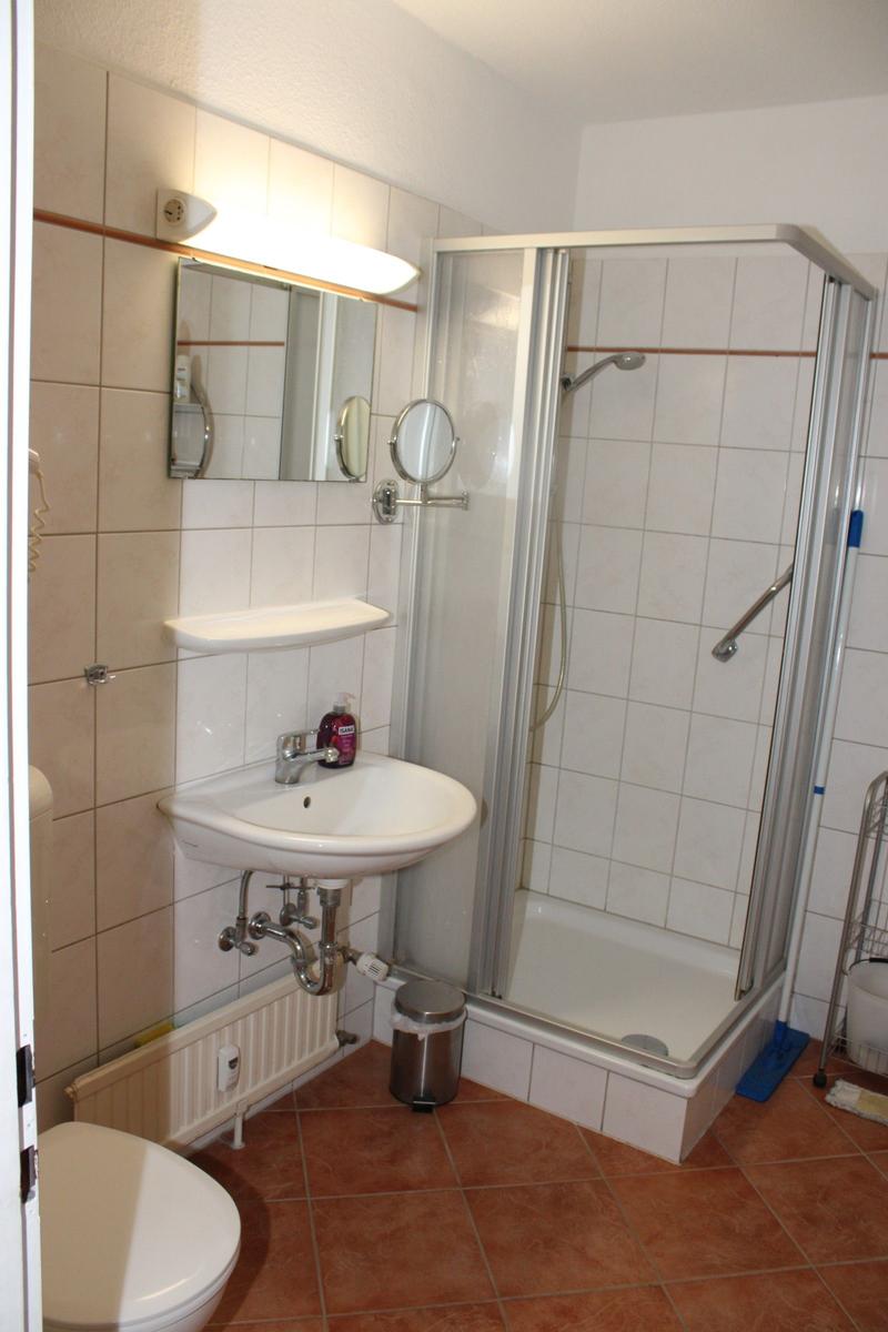 Badezimmer mit Dusche, Waschbecken und Toilette. Fliesenboden und Spiegelschrank.