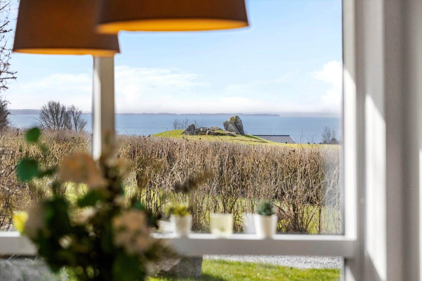 Durch das Fenster sieht man eine Landschaft mit Gras, Steinen und einem See.