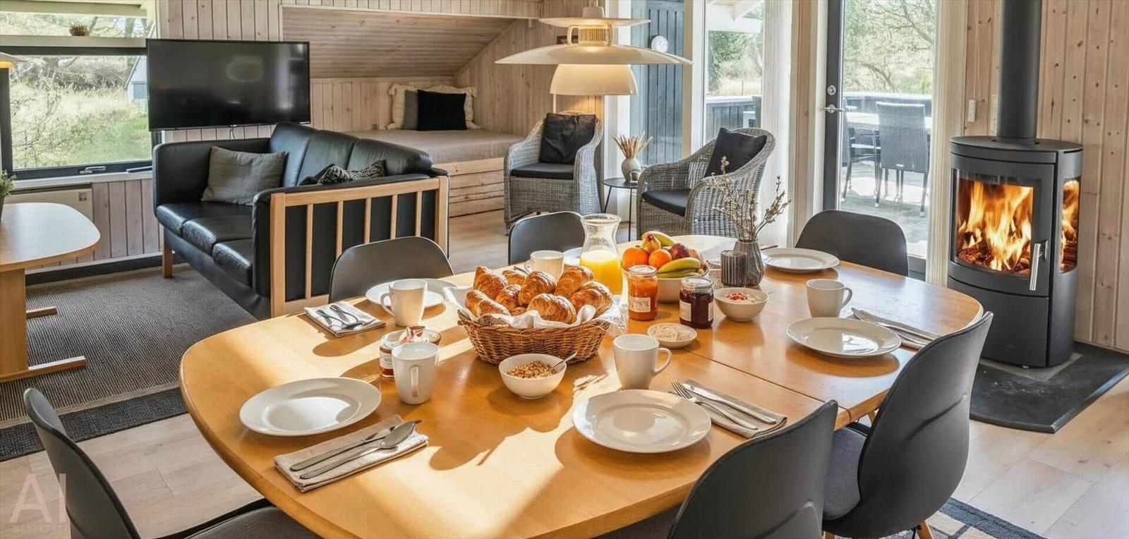 Esstisch mit Frühstück, Kamin und Wohnbereich mit Sofa und TV.