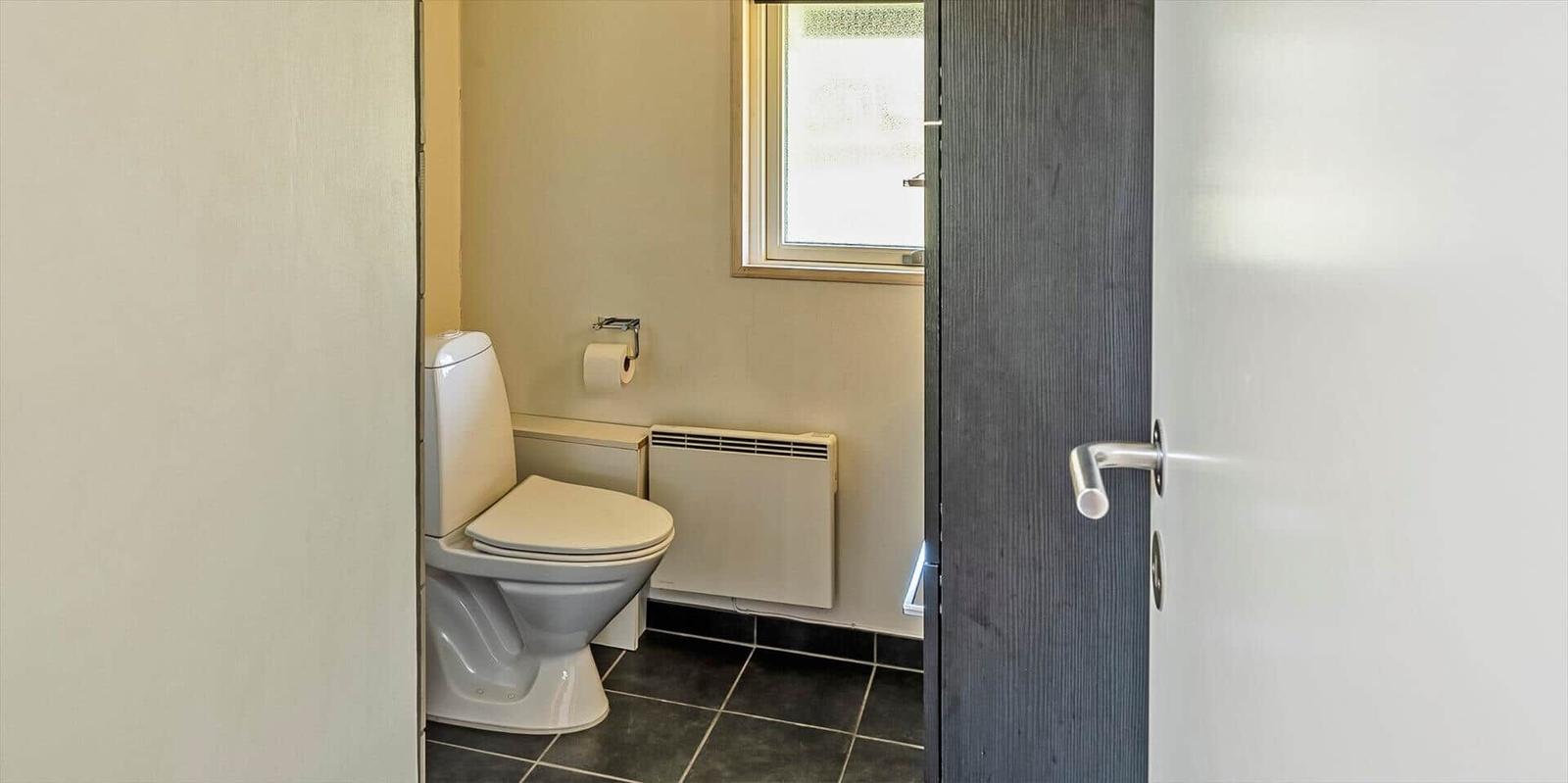Toilettenraum mit Toilette, Heizkörper und Fenster