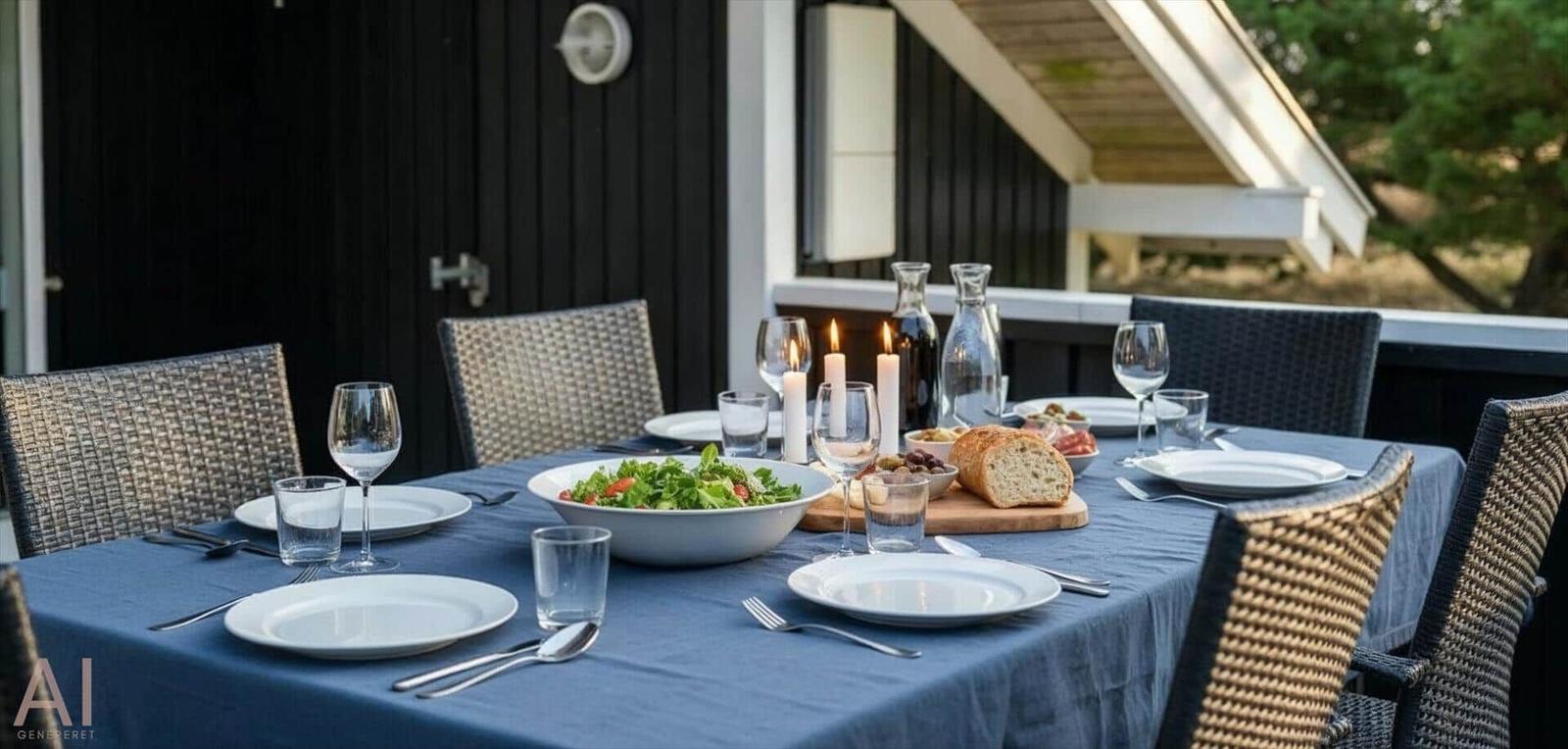 Gedeckter Tisch mit Salat, Brot und Kerzen auf Terrasse