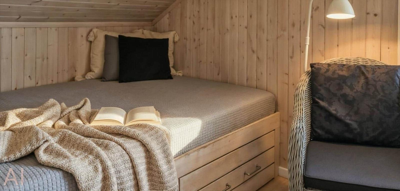 Schlafzimmer mit Holzwand, Bett, Kissen und geöffnetem Buch.