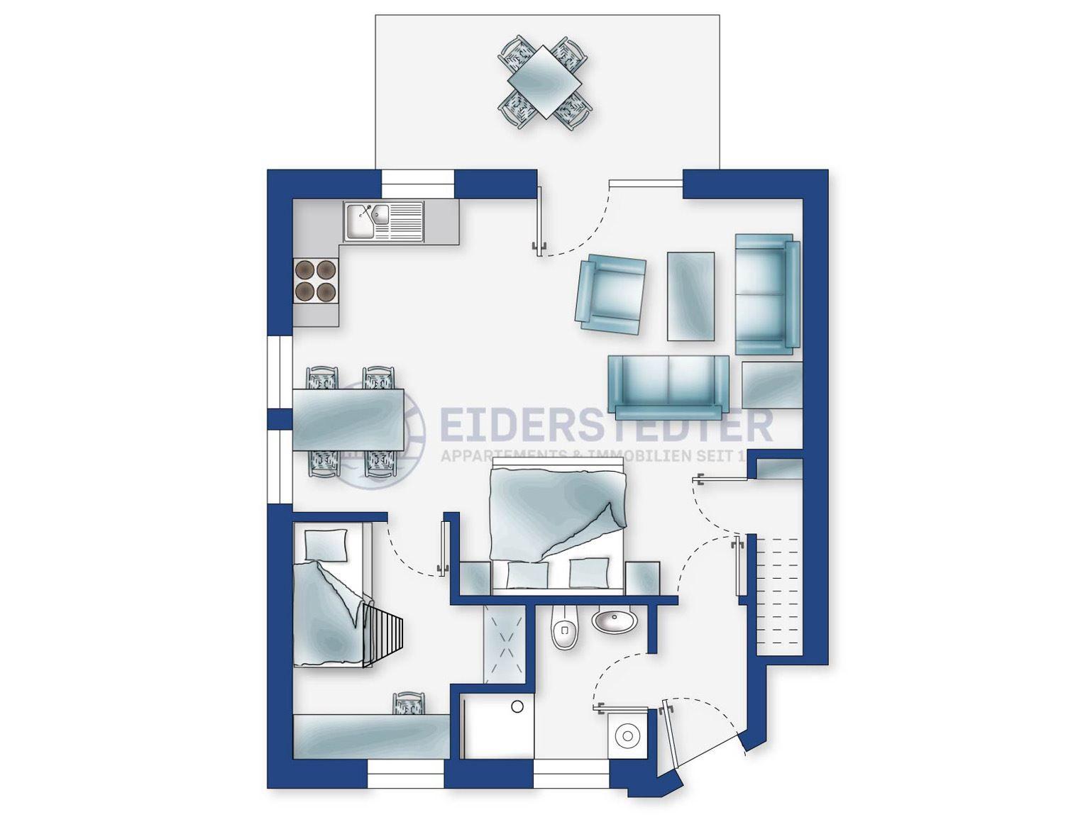 Dieses Apartment hat eine Küche, ein Wohnzimmer, ein Schlafzimmer und ein Bad.