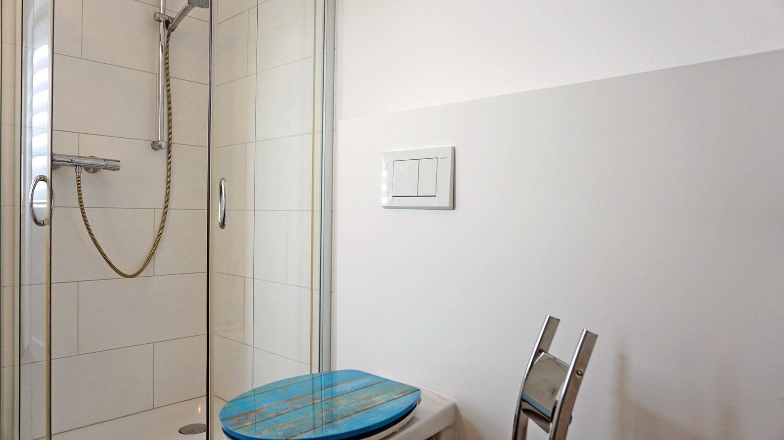 Bad mit Dusche, Toilette und blauem Sitzkissen.