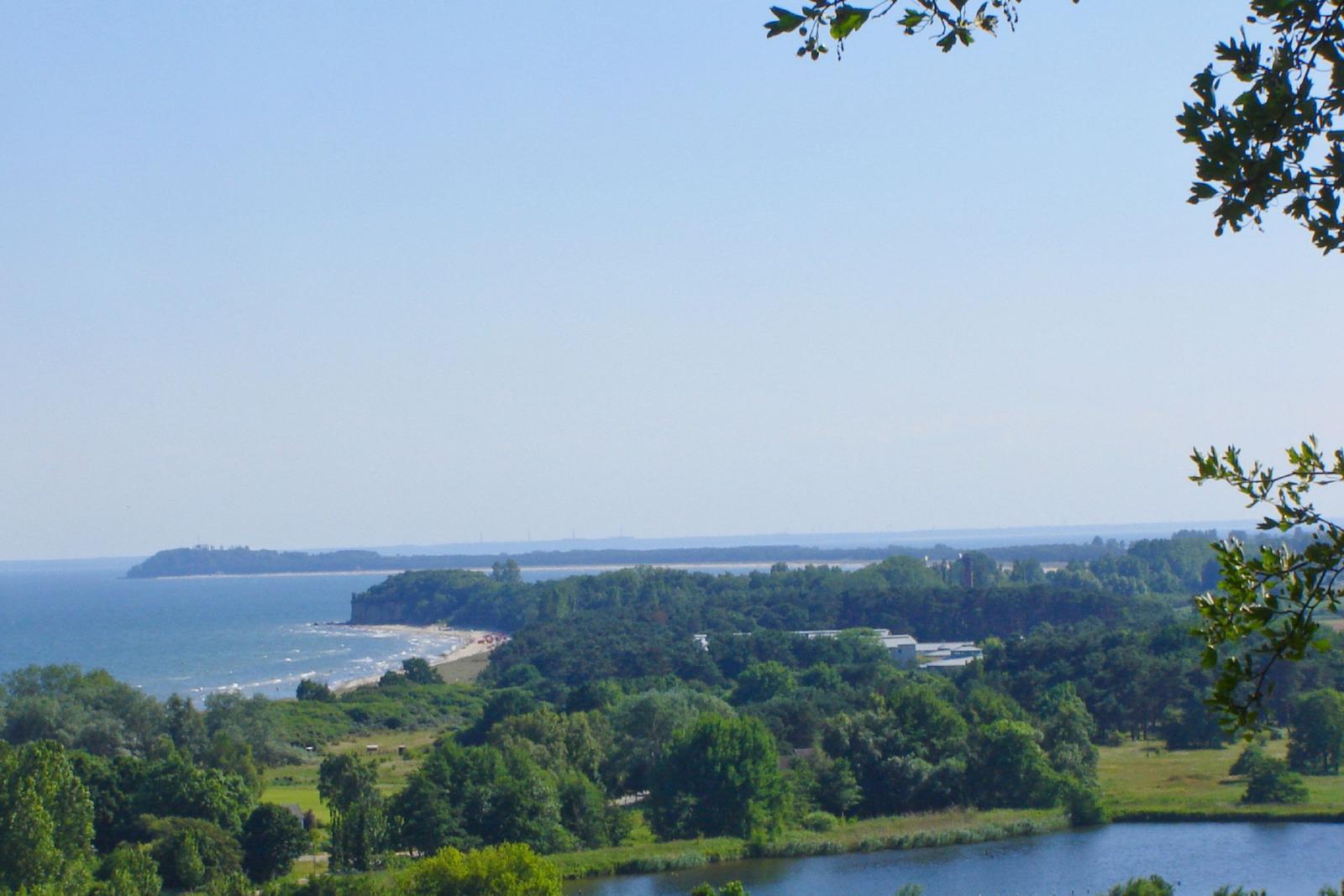 Blick auf Küste, Strand und grüne Landschaft mit Bäumen und Wasser.