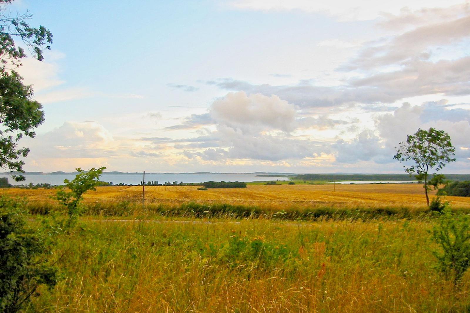 Weitläufiges Feld mit Blick auf einen See unter bewölktem Himmel.