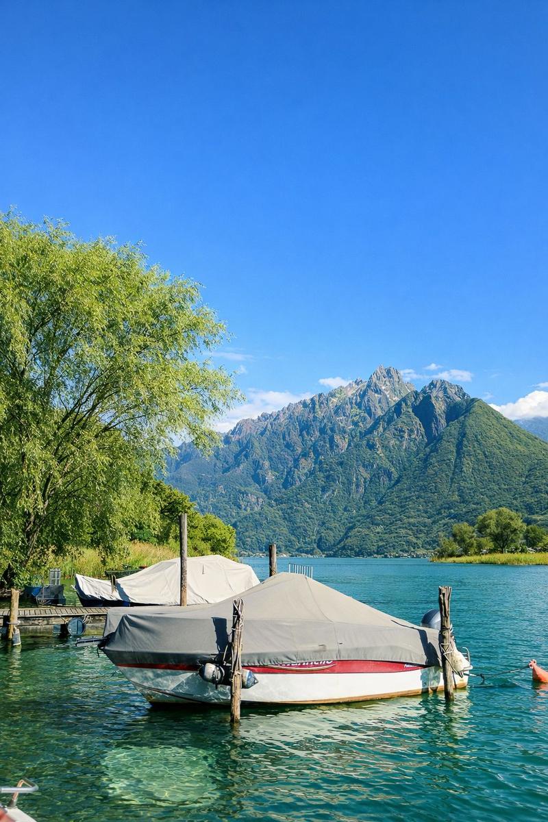 Boote liegen am Ufer eines Sees mit Bergen im Hintergrund.