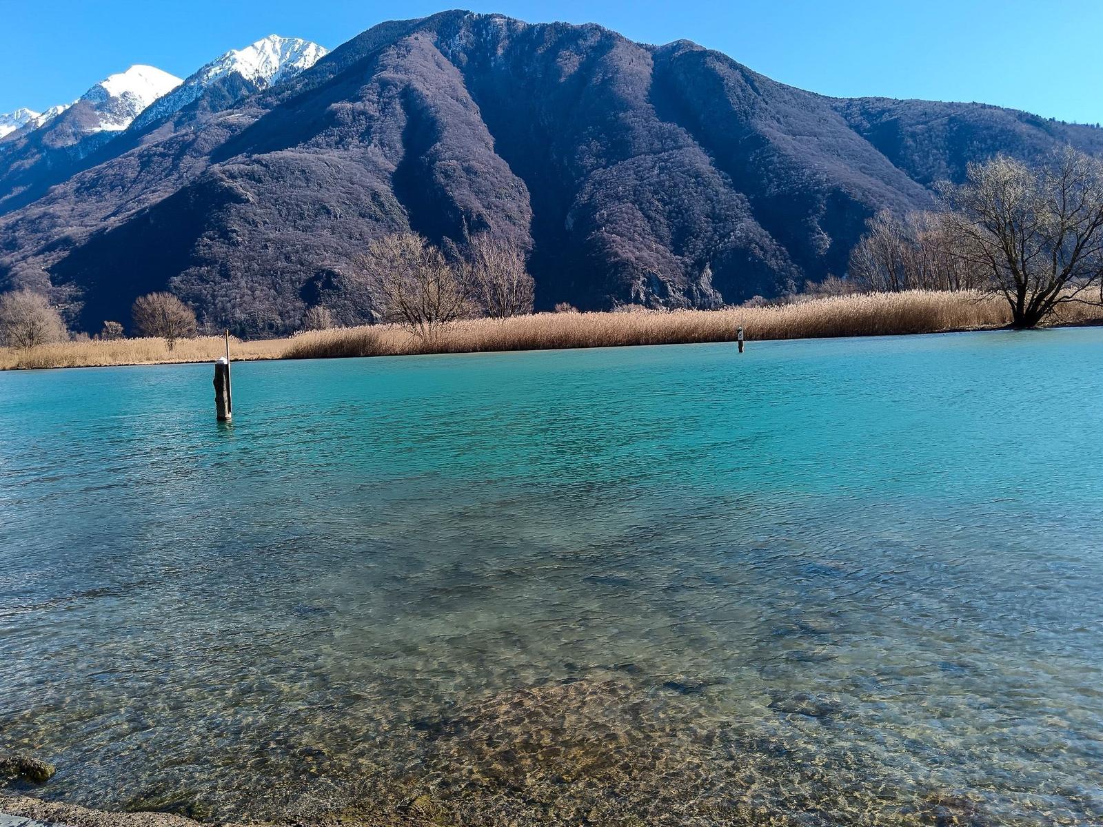 Klarer See mit Bergen im Hintergrund und Ufervegetation.