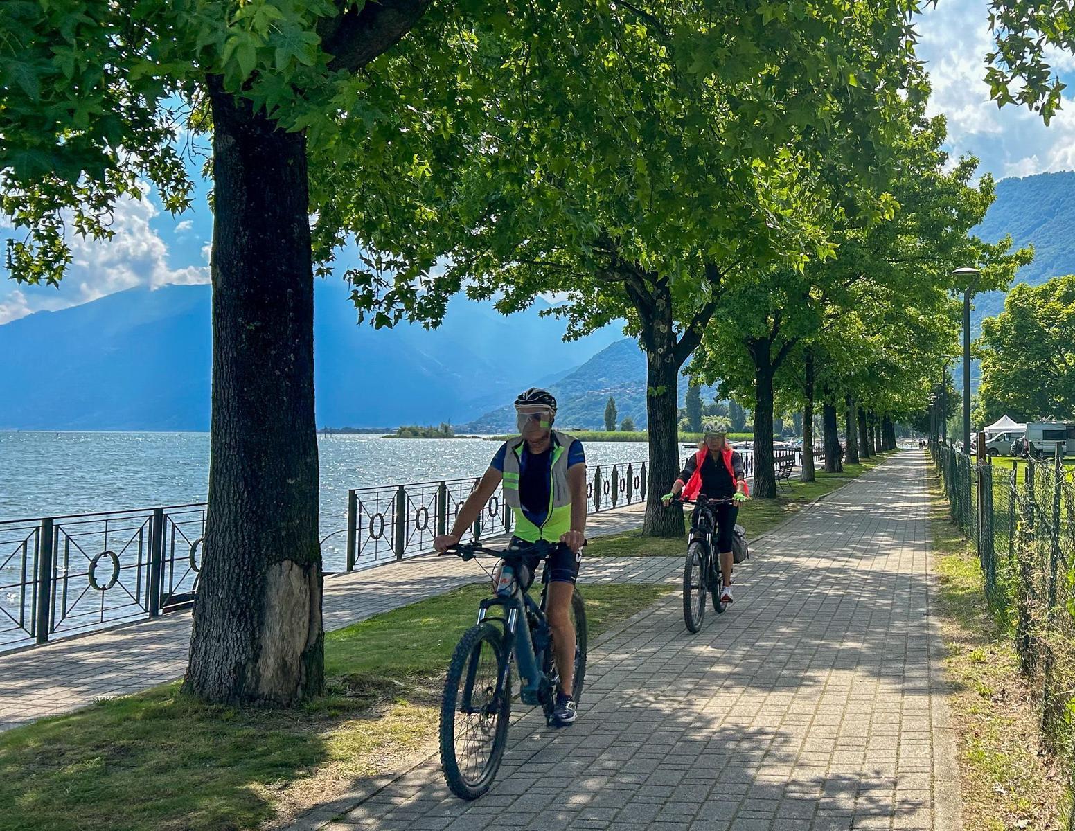 Zwei Radfahrer fahren entlang eines Sees unter Bäumen.