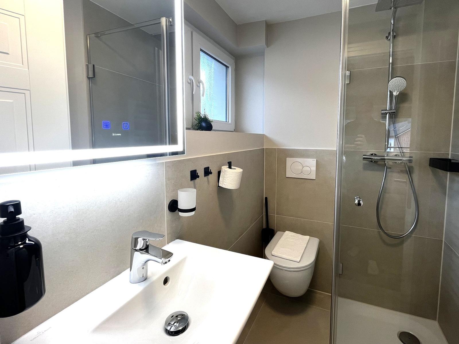 Badezimmer mit Dusche, WC und Waschbecken mit Spiegel.