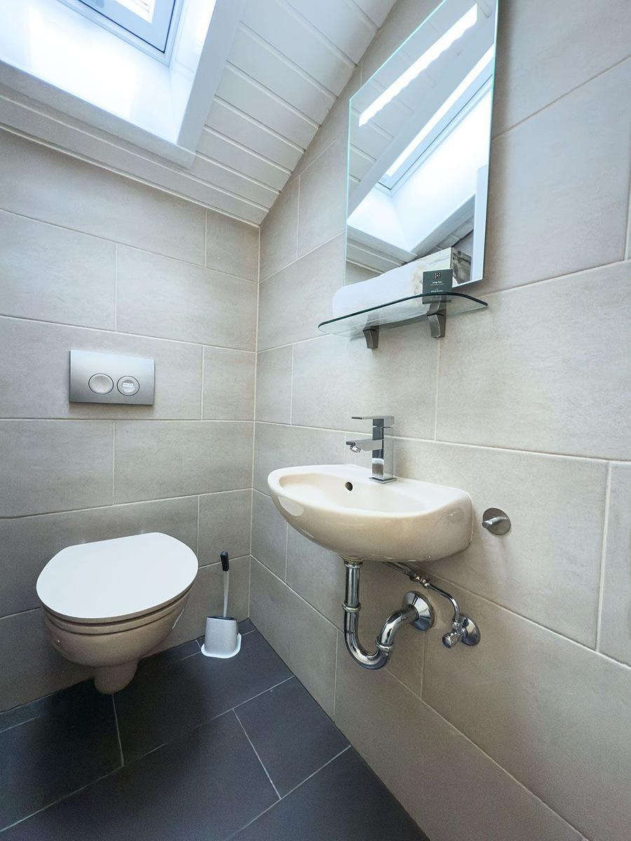 Badezimmer mit Toilette, Waschbecken und Duschmöglichkeit