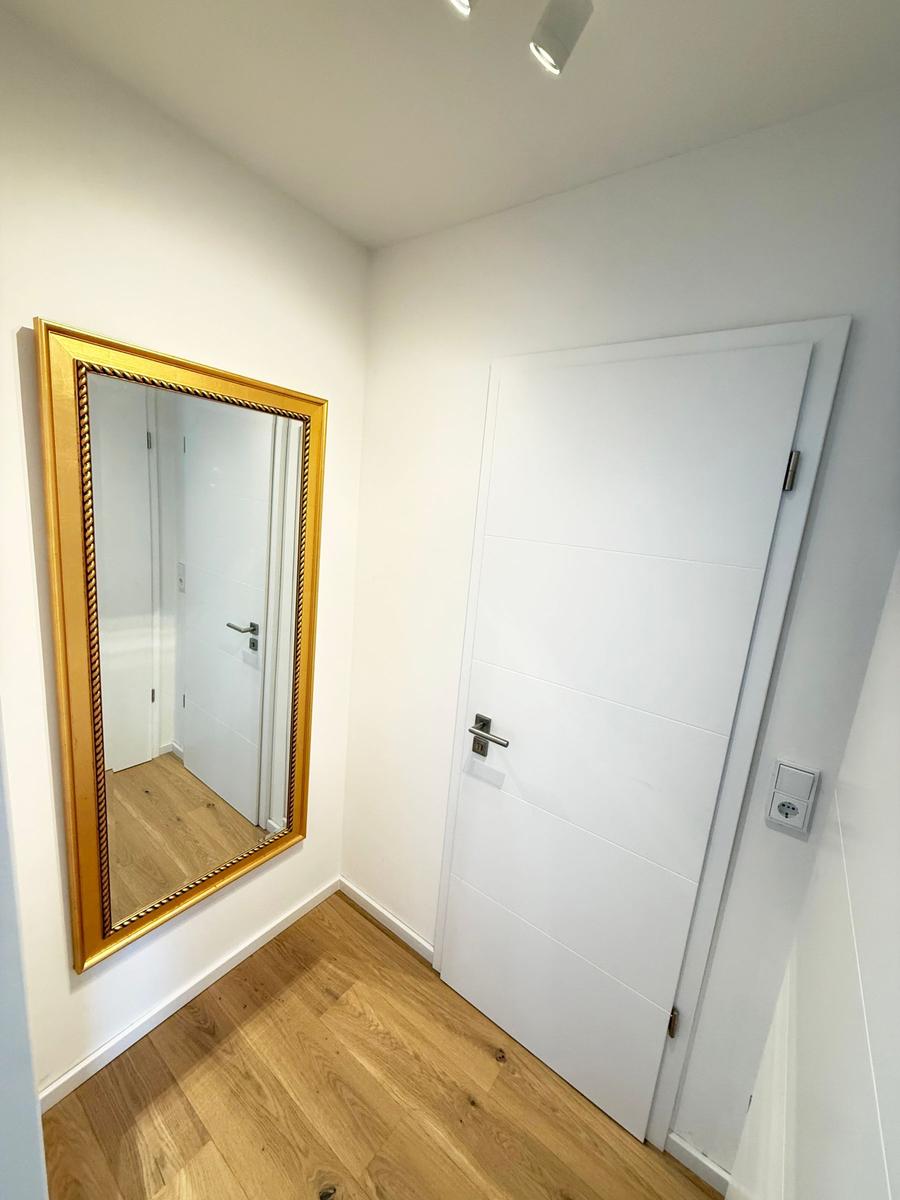 Hallway with gold-framed mirror and white door with metal handle