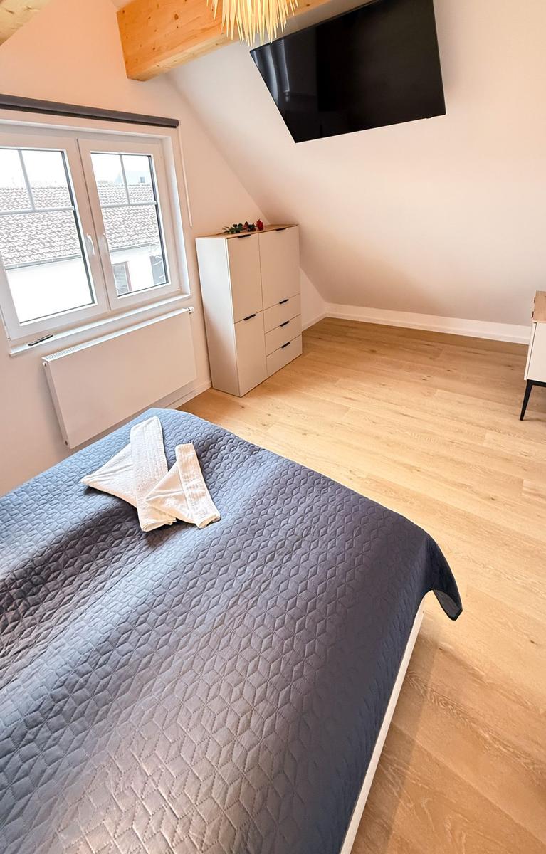 Bedroom with sloped ceiling, bed, wardrobe, and TV.