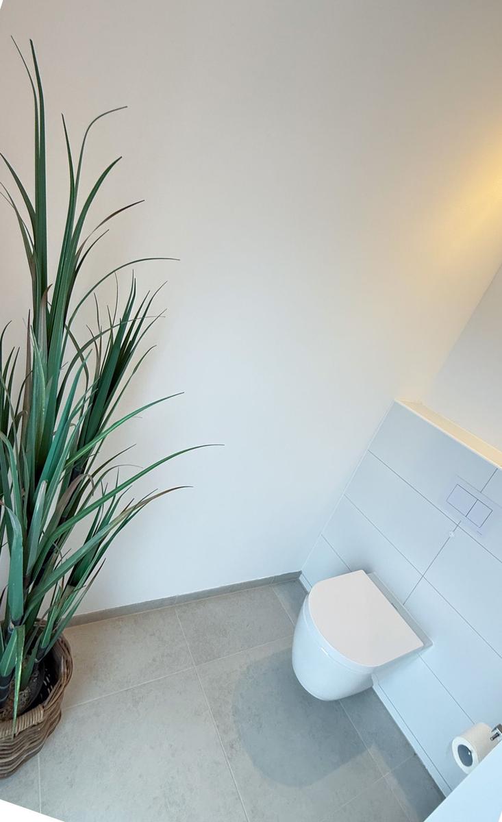 Toilet with plant and tiled floor