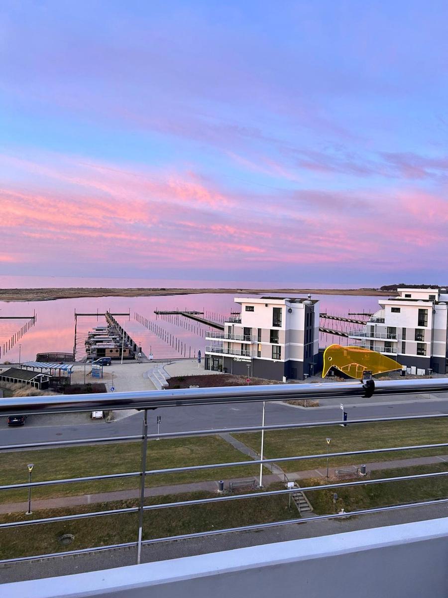 Blick auf moderne Gebäude und Hafen bei rosa Sonnenuntergang.