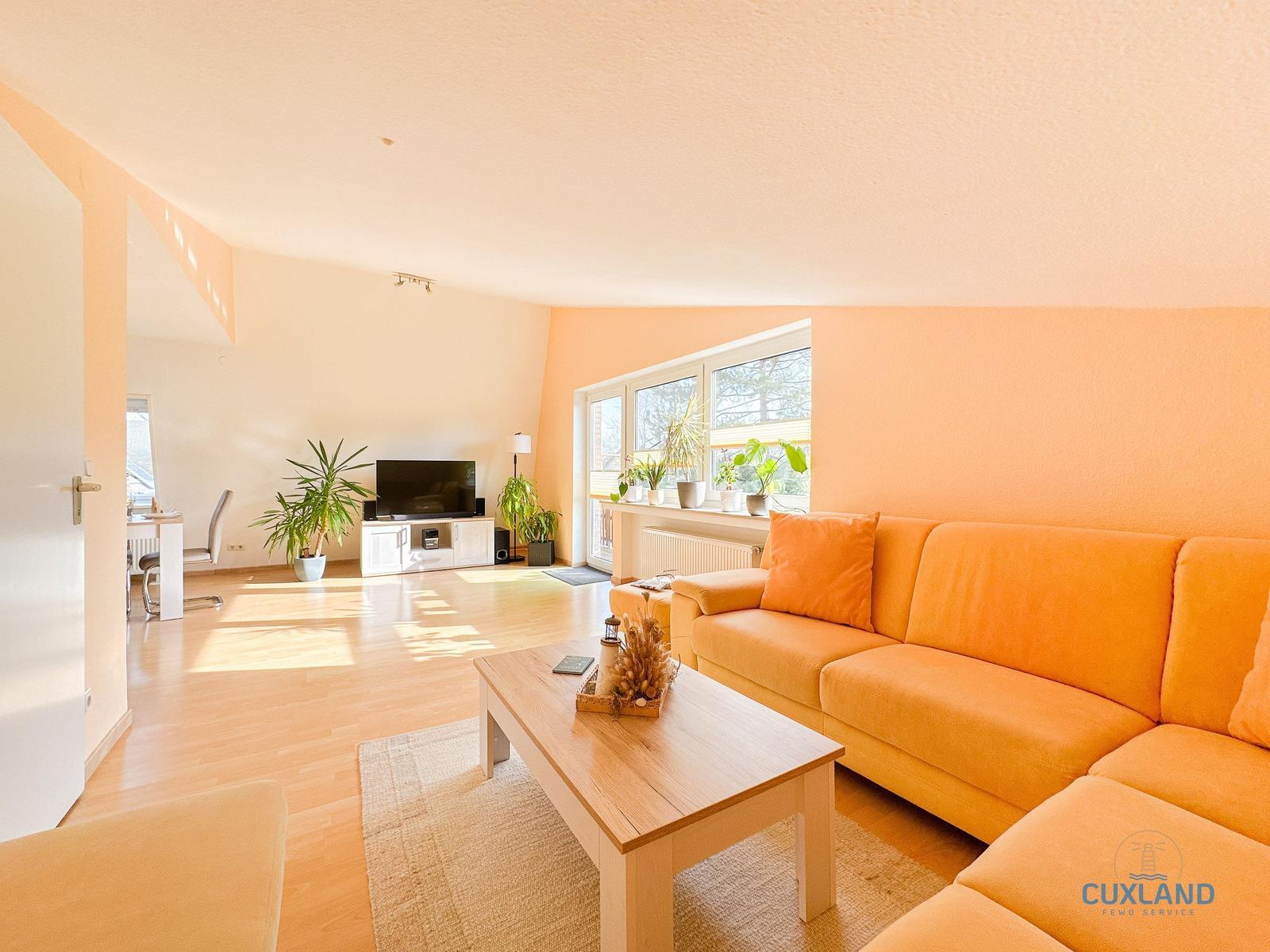 Wohnzimmer mit orangefarbenem Sofa, Holztisch und TV. Fenster mit Pflanzen. Holzboden und helle Wände.