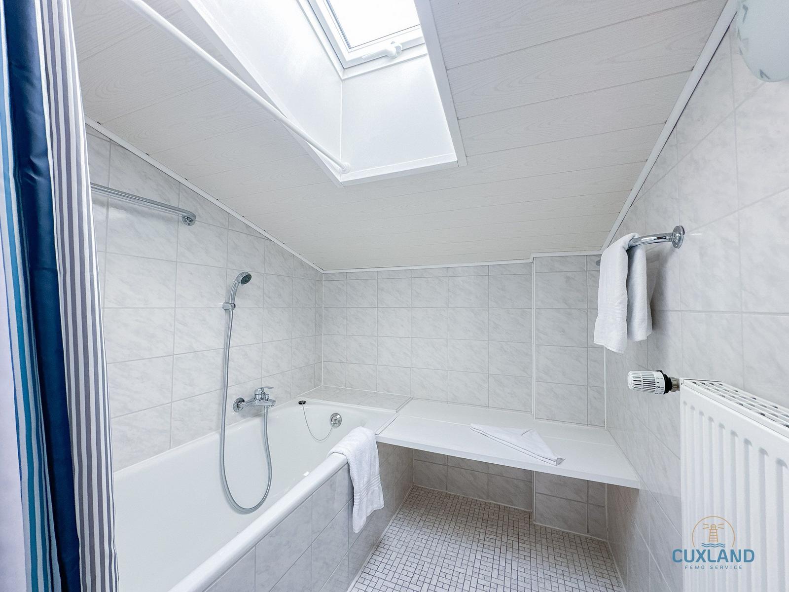 Bad mit Dusche, Badewanne und Dachfenster.