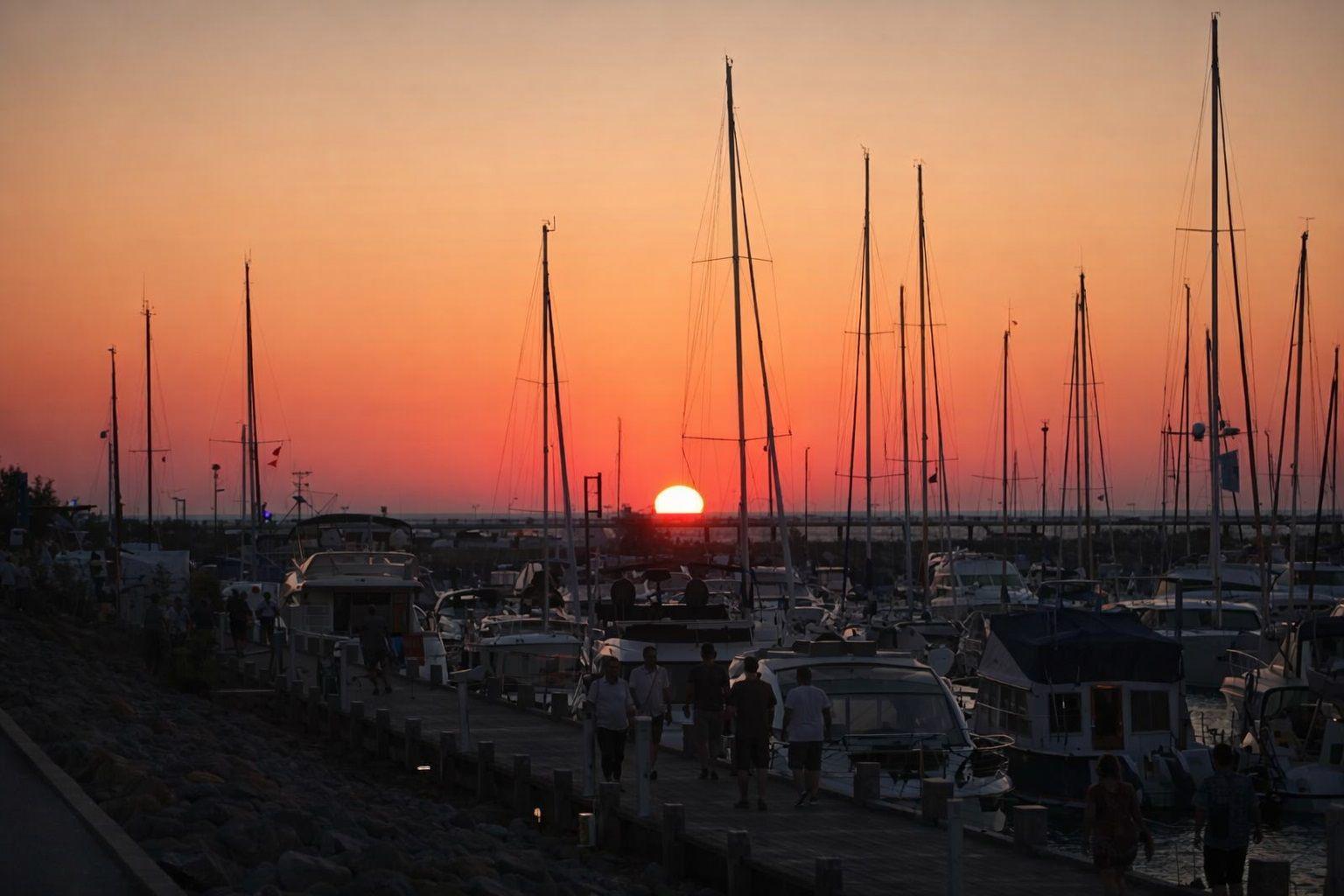 Sonnenuntergang über einem Hafen mit Segelbooten und Spaziergängern.