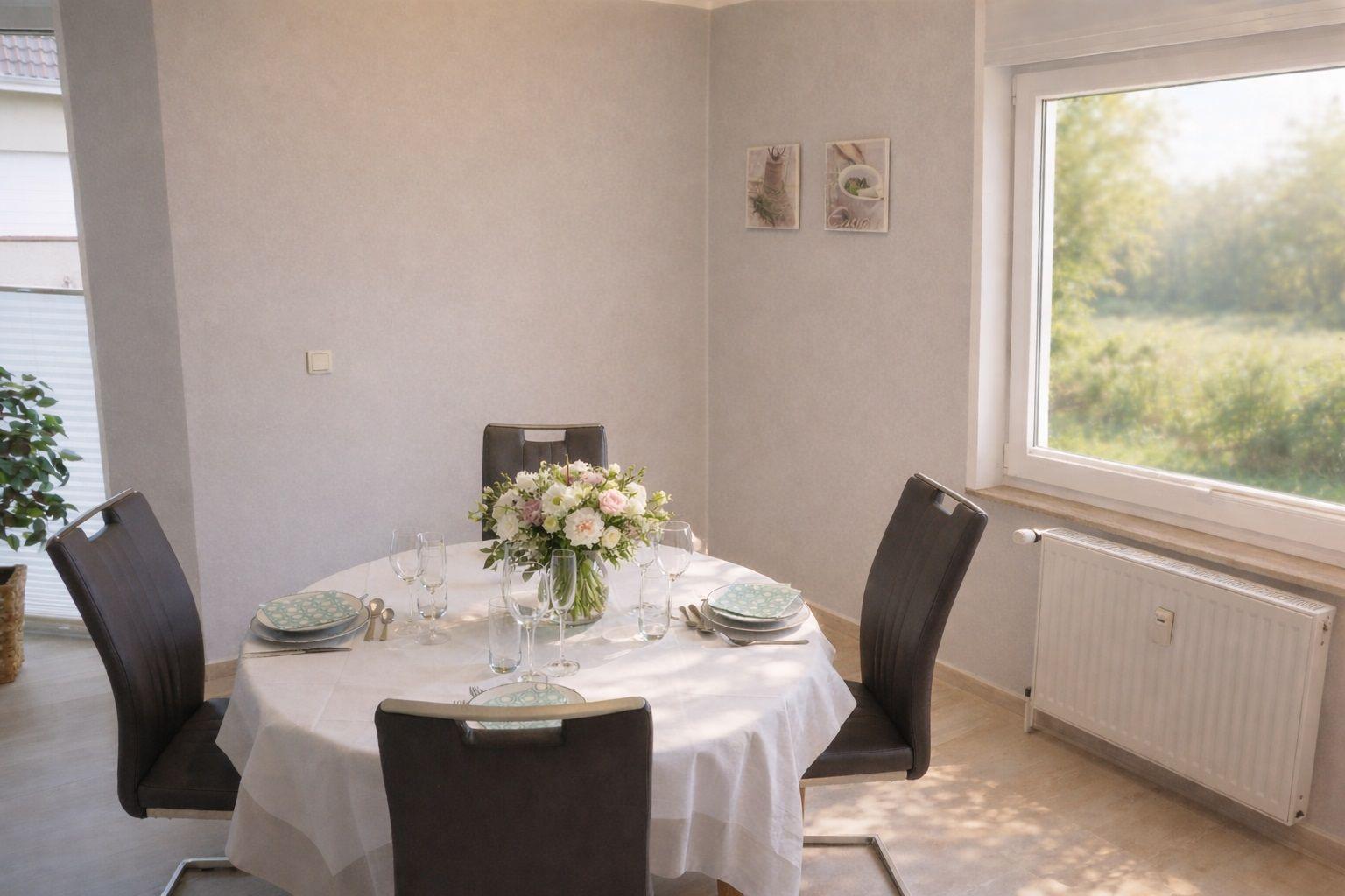 Rundtisch mit Stühlen, Tischdecke und Blumenarrangement. Fenster mit Blick auf Grünfläche.