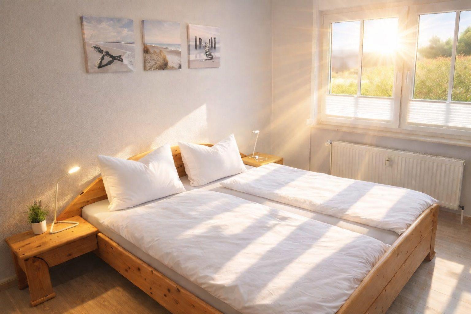 Ein Schlafzimmer mit einem Bett, zwei Nachttischen und einem Fenster mit Blick auf Gras.