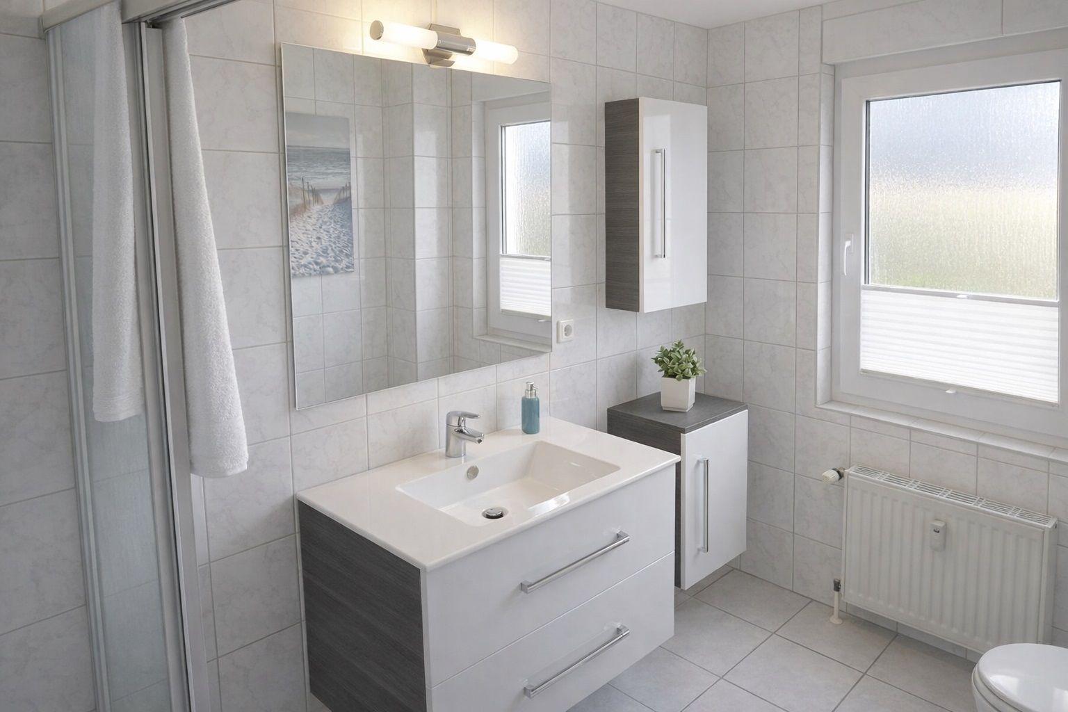 Badezimmer mit Dusche, Waschbecken und Toilette. Weiße Fliesen und Spiegelschrank.