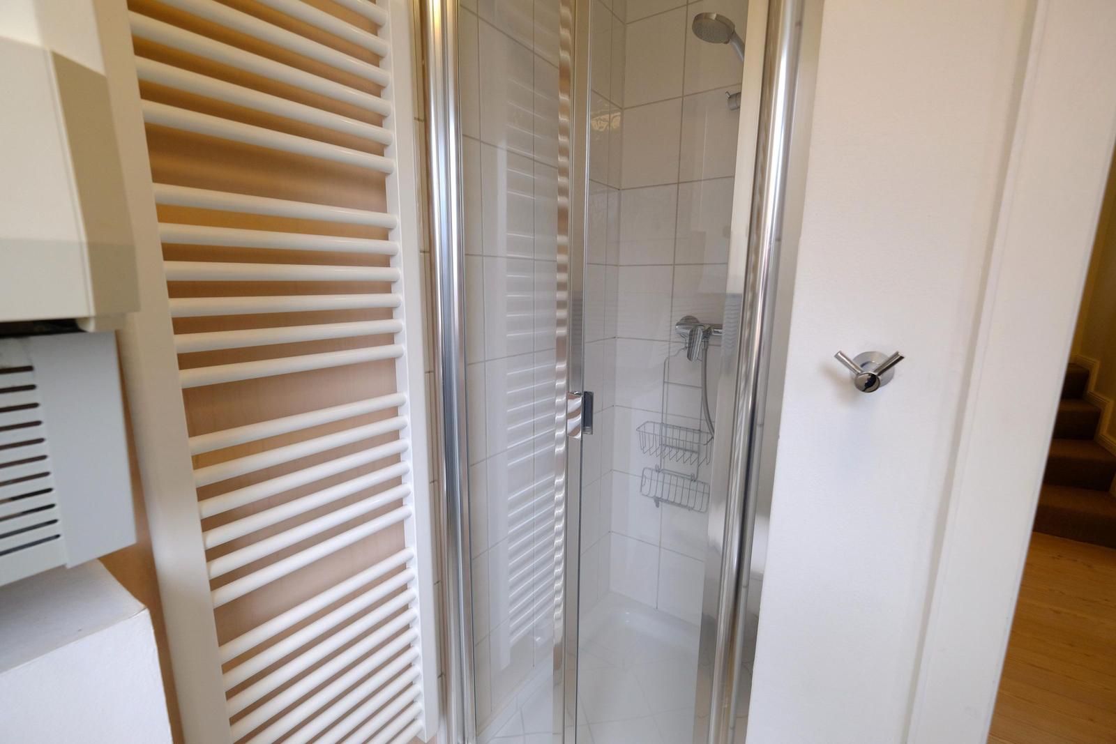 Dusche mit Glaswand und Duschbrause. Heizung und Badewanne sind sichtbar.