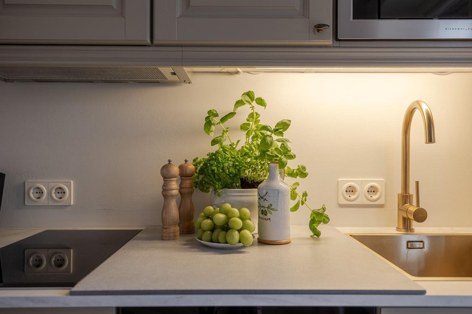 Kitchen countertop with basil, grapes, and kitchen utensils.