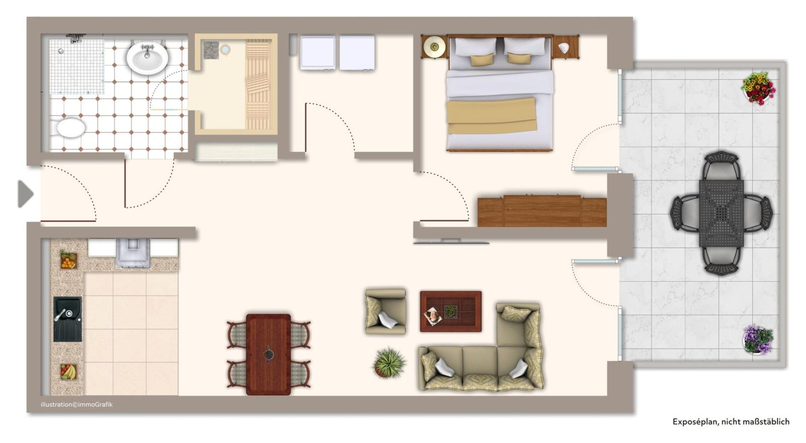 Wohnung mit Schlafzimmer, Bad, Küche und Terrasse mit Tisch und Stühlen.