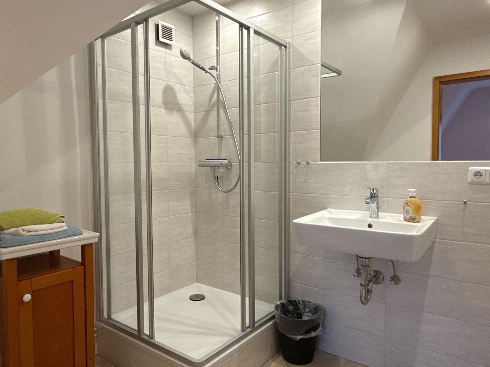 Bad mit Dusche, Waschbecken und Holzregal mit Handtüchern.