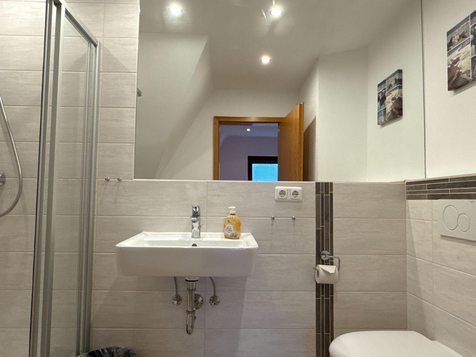 Badezimmer mit Dusche, Waschbecken und Toilette