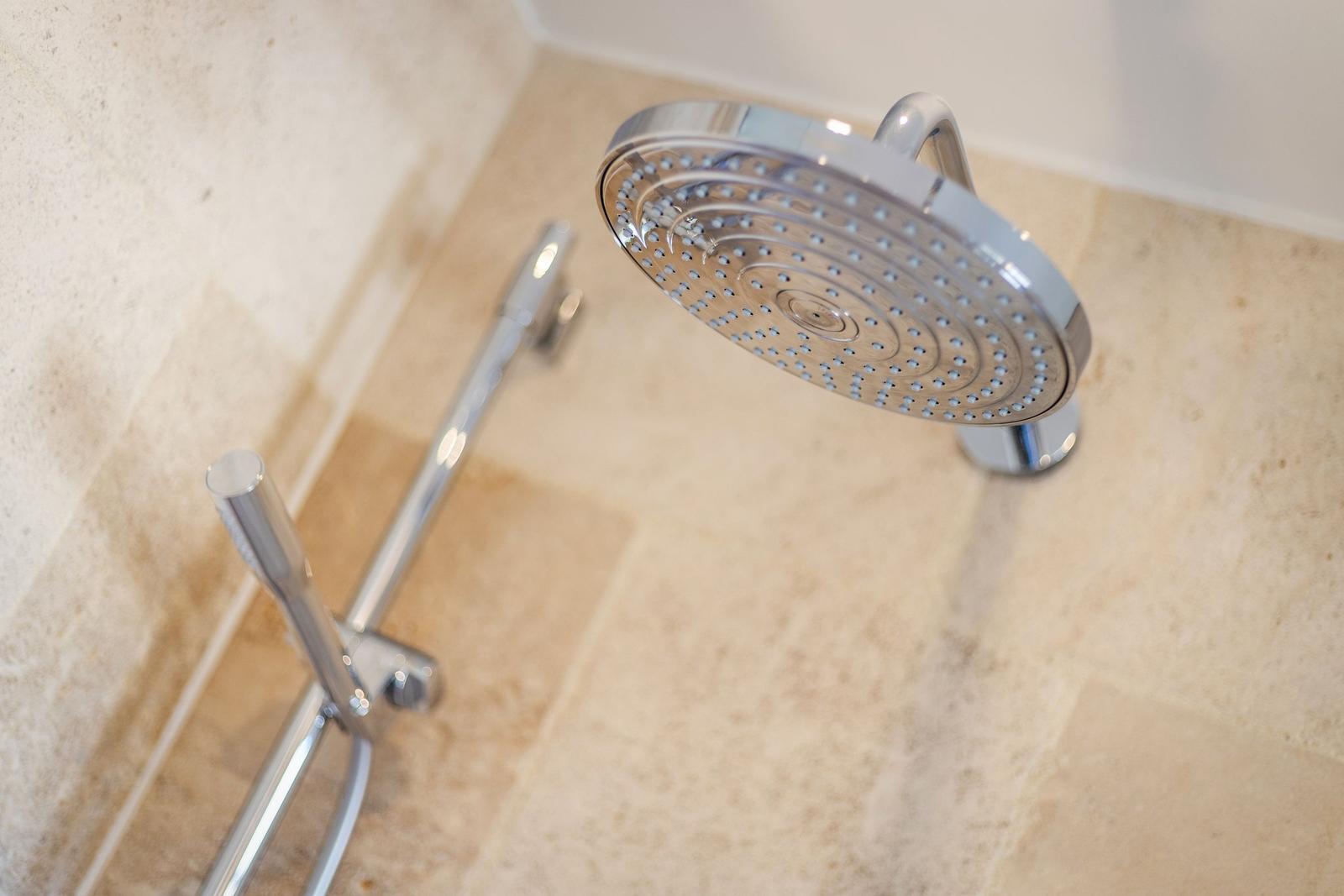 Shower head with shower and handheld shower in bathtub
