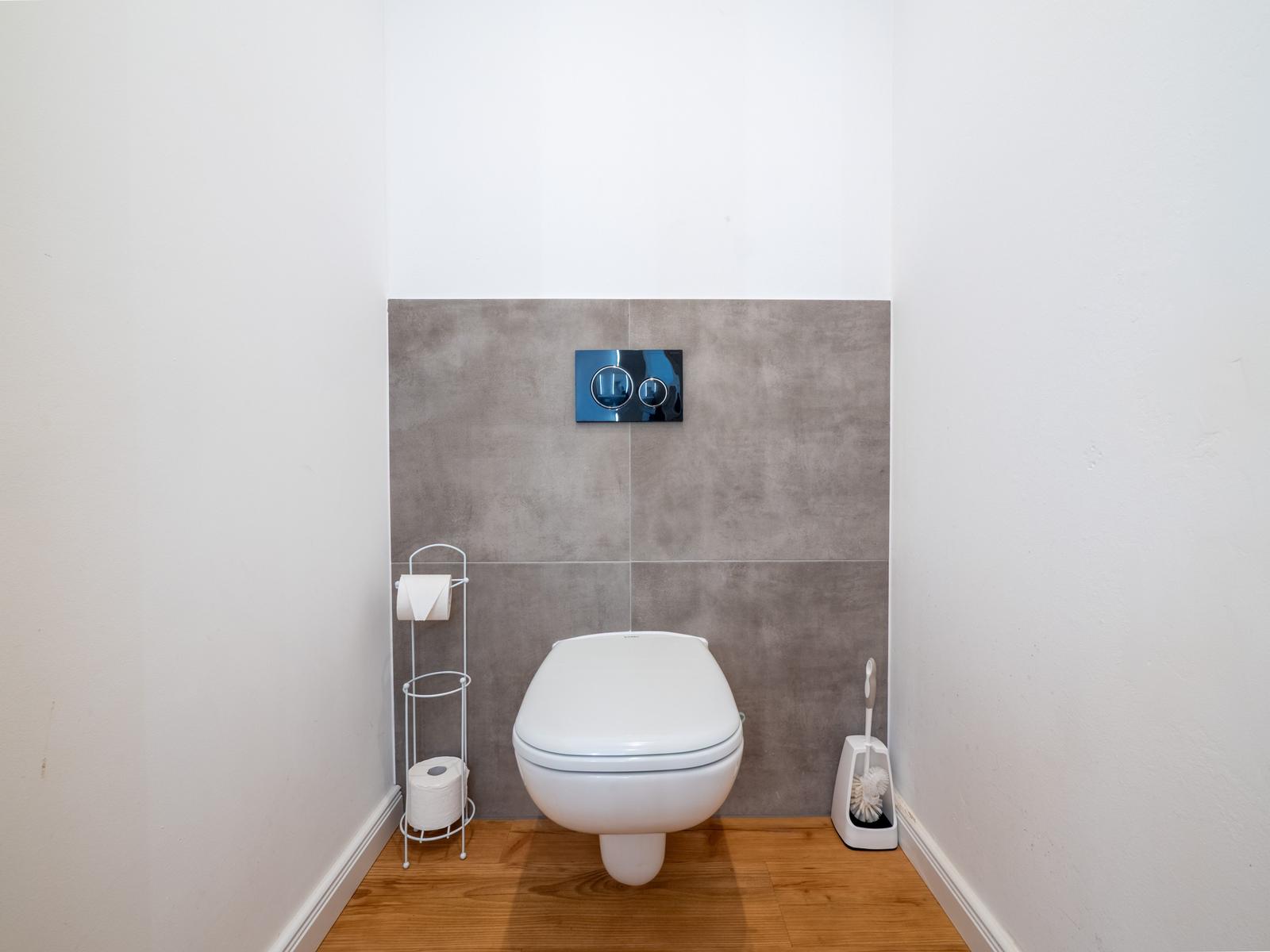 Hängendes WC mit blauem Spülkasten, Toilettenpapierständer und Bürste.