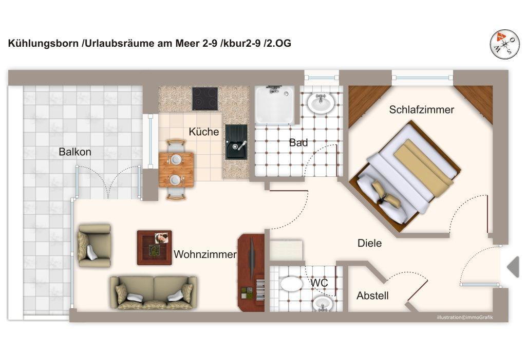 Wohnung mit Schlafzimmer, Küche, Bad und Balkon. Flur, WC und Abstellraum vorhanden.