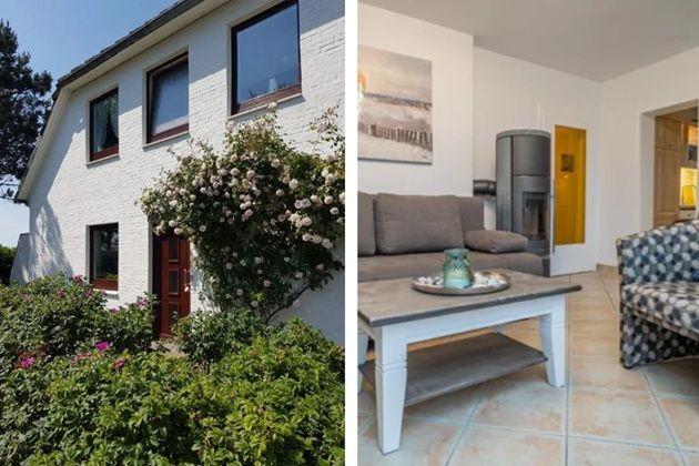 Wohnung mit Wohnzimmer, Kamin und Gartenhaus. Außenansicht mit Blumen und roter Tür.