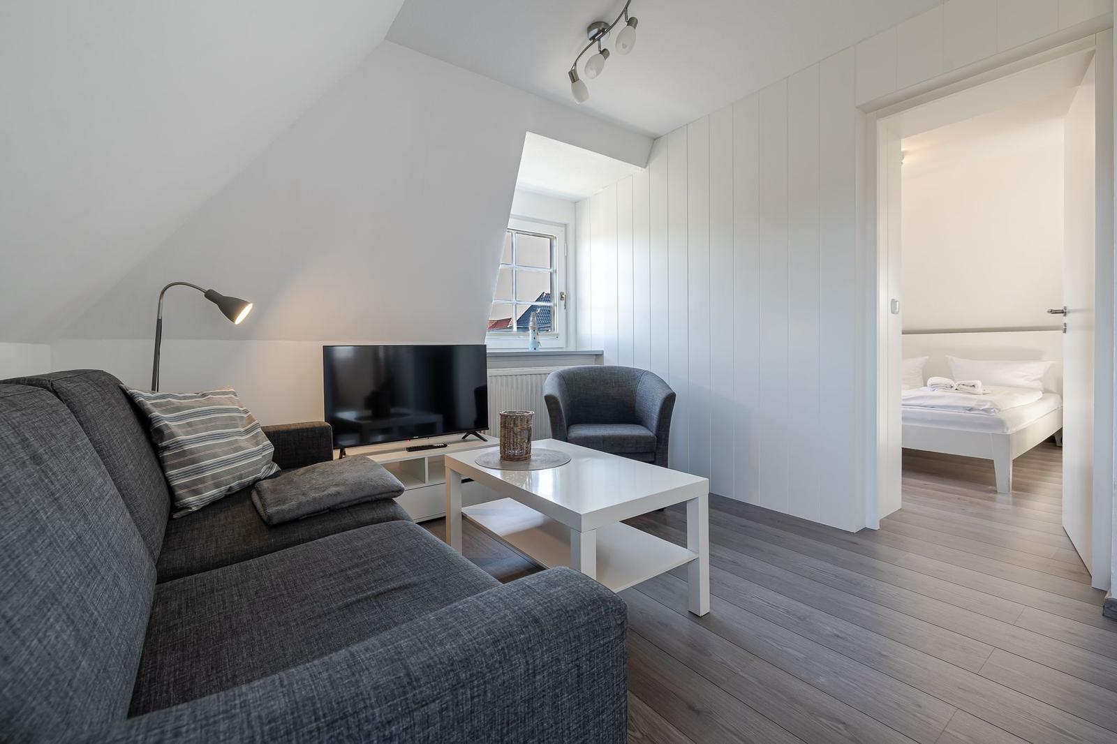Wohnbereich mit Sofa, Fernseher und Sicht auf Schlafzimmer.