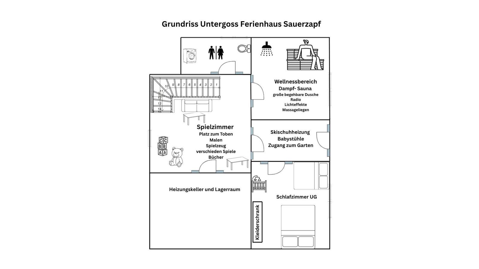 Grundriss Untergeschoss mit Spielkeller, Sauna, separatem WC und Schlafzimmer, Zugang zum Garten mit Spielplatz