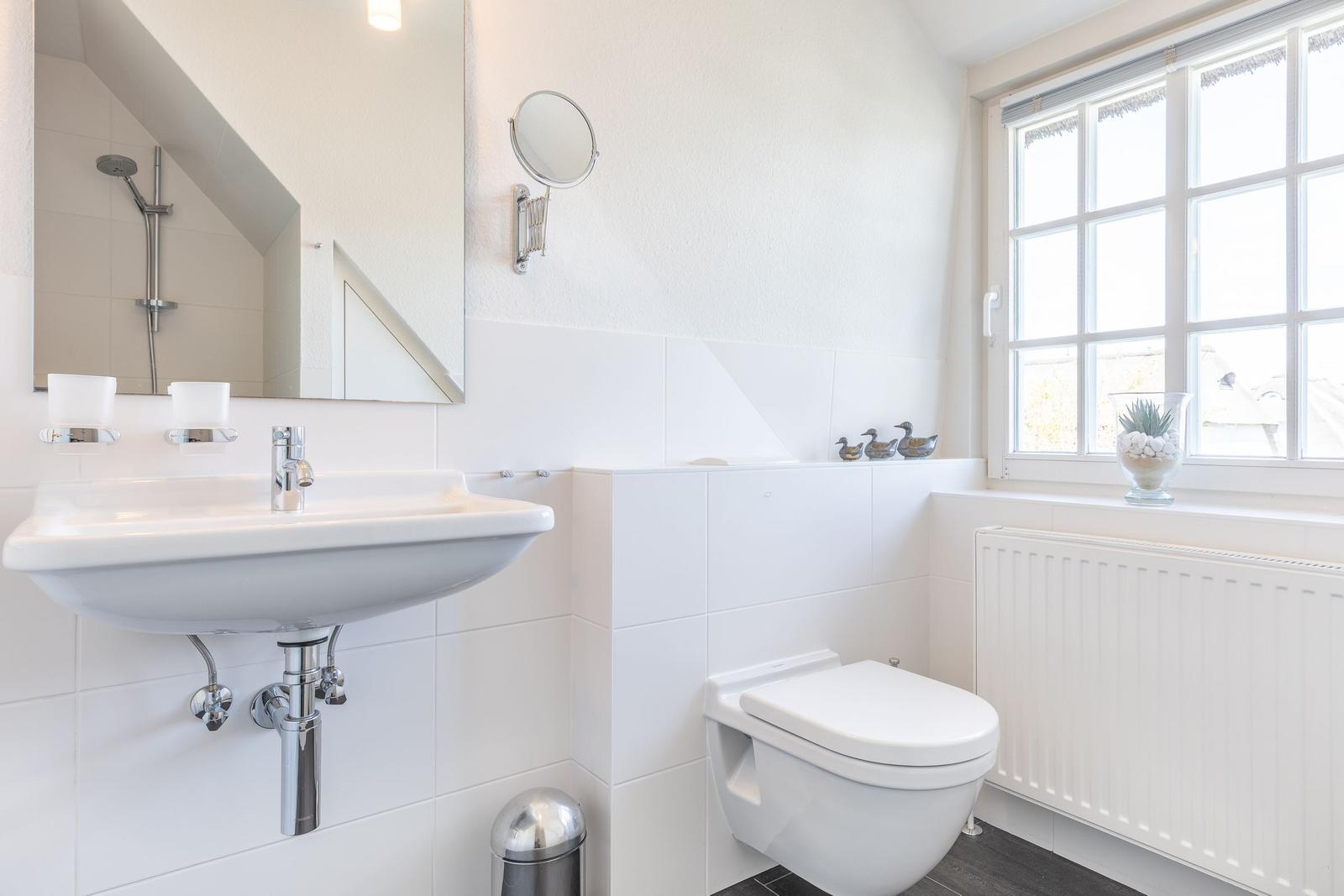 Badezimmer mit Waschbecken, Toilette und Dusche. Fenster mit Pflanze und Heizkörper.