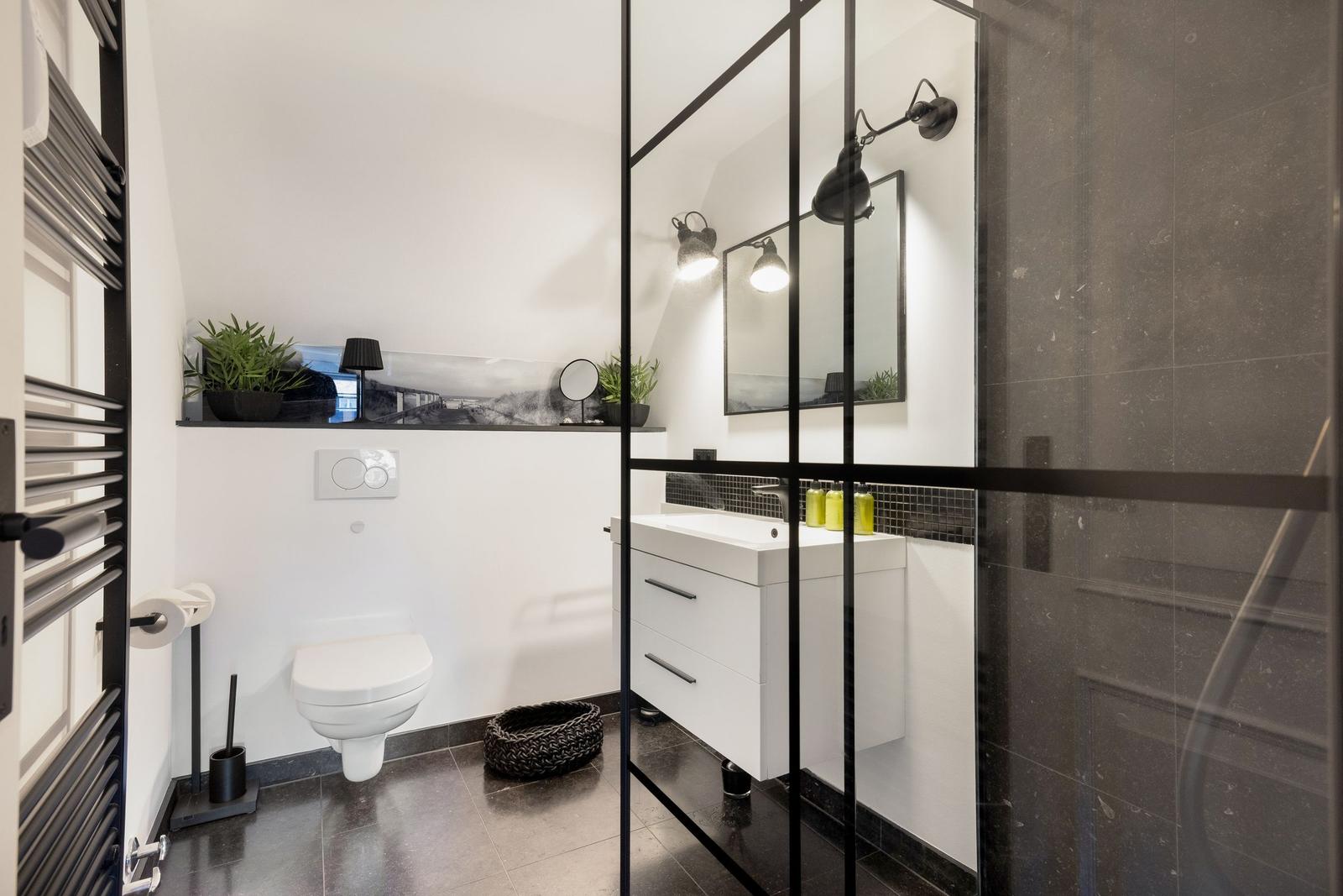 Bad mit Dusche, Waschbecken und Toilette. Schwarze Fliesen und Spiegelschrank.