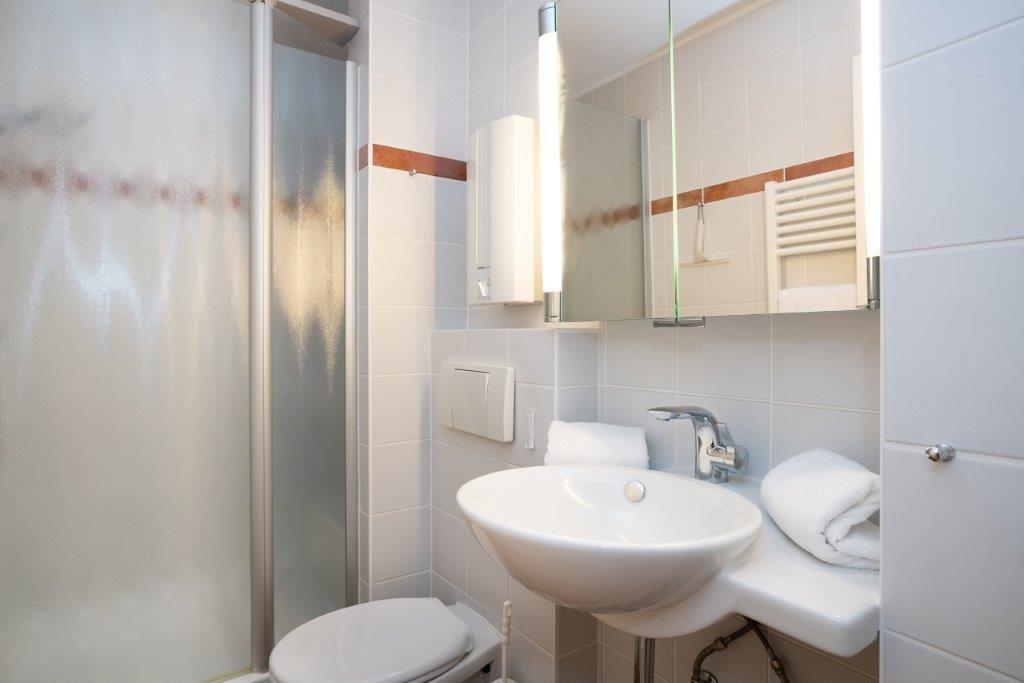 Badezimmer mit Dusche, Waschbecken und Toilette.