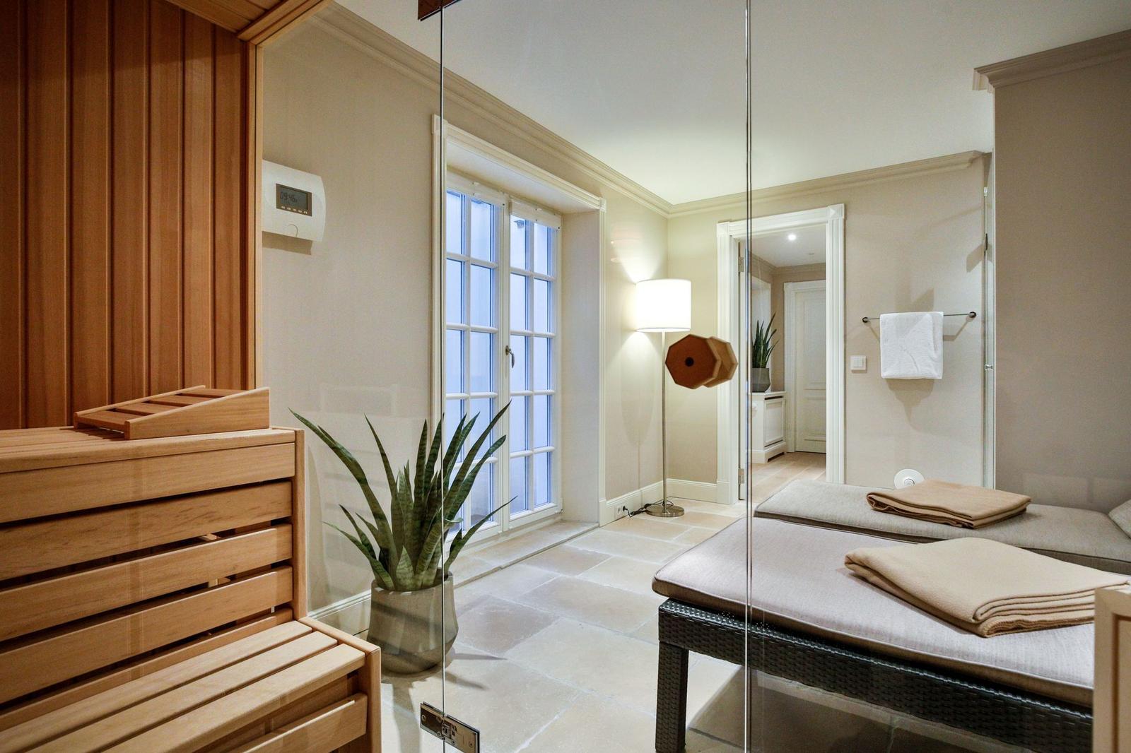 Sauna mit Holzbank, Pflanze und Liege mit Decke