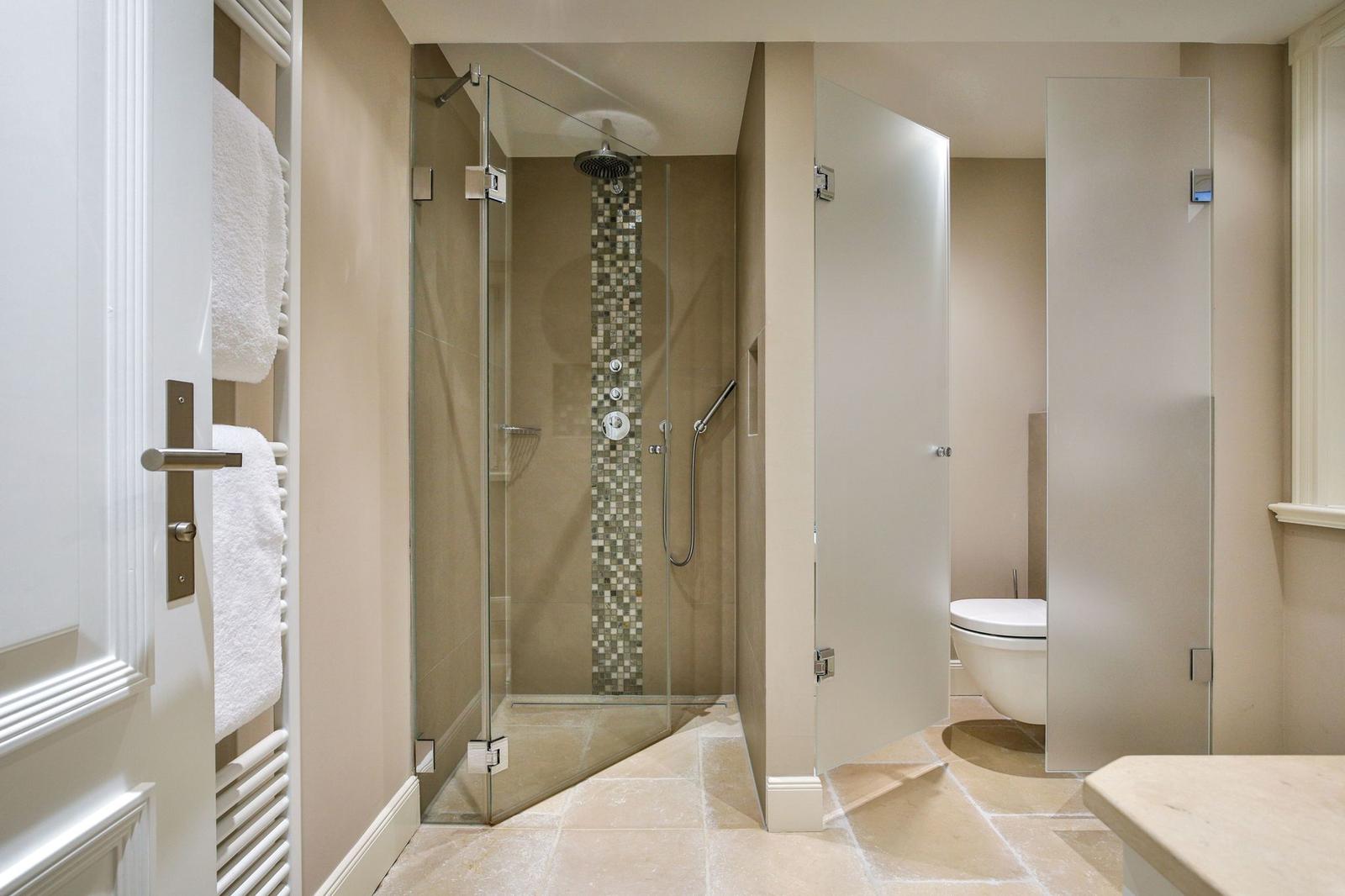 Dusche mit Glaswand, Toilette und Handtuchhalter in Bad