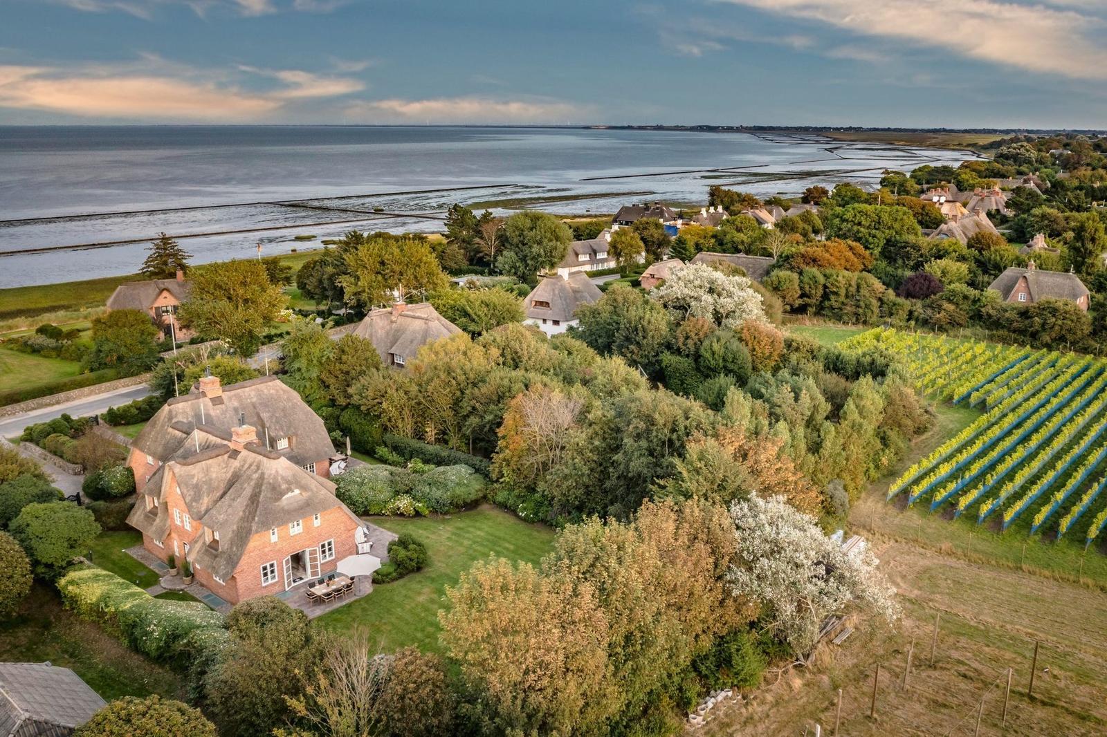 Haus mit Strohdach, Garten und Blick auf die Nordsee.