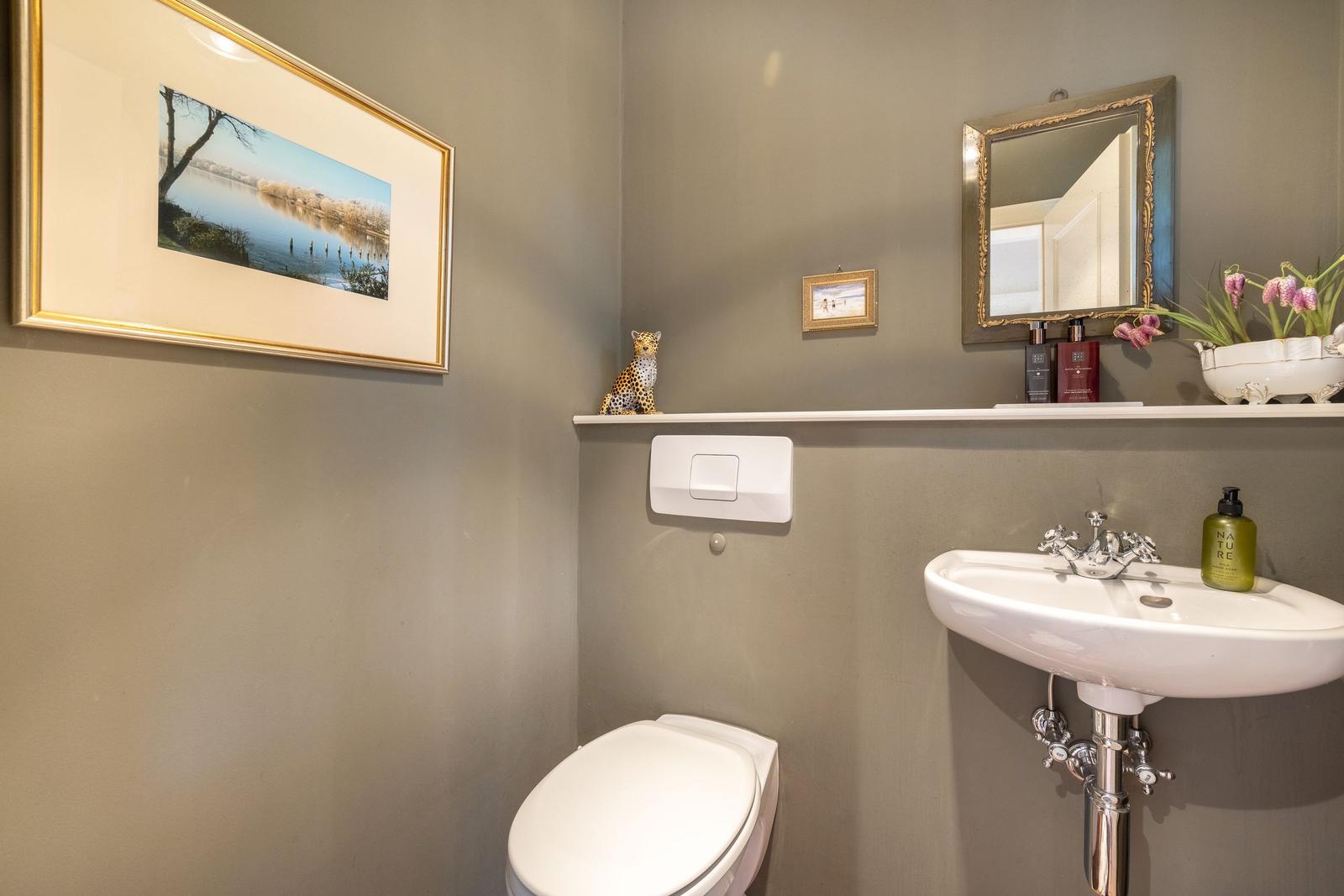 Badezimmer mit Toilette, Waschbecken und Spiegel. Wandbild und Dekoration.