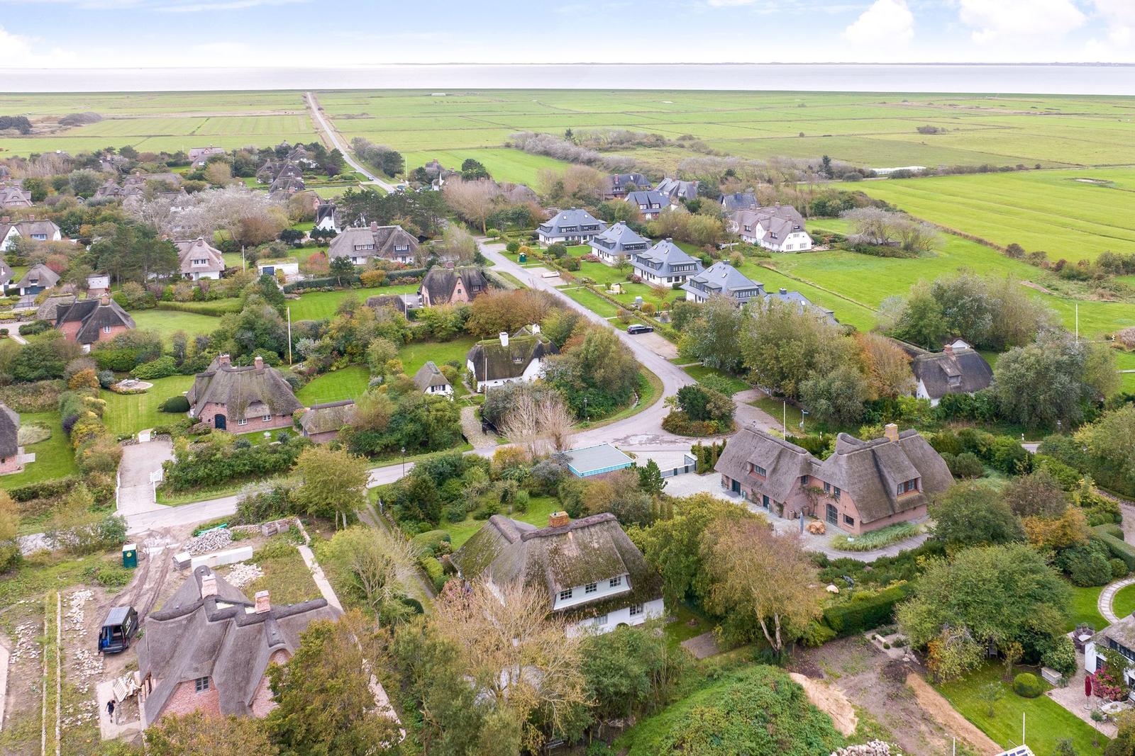 Dorf mit strohgedeckten Häusern und grünen Wiesen im Hintergrund.
