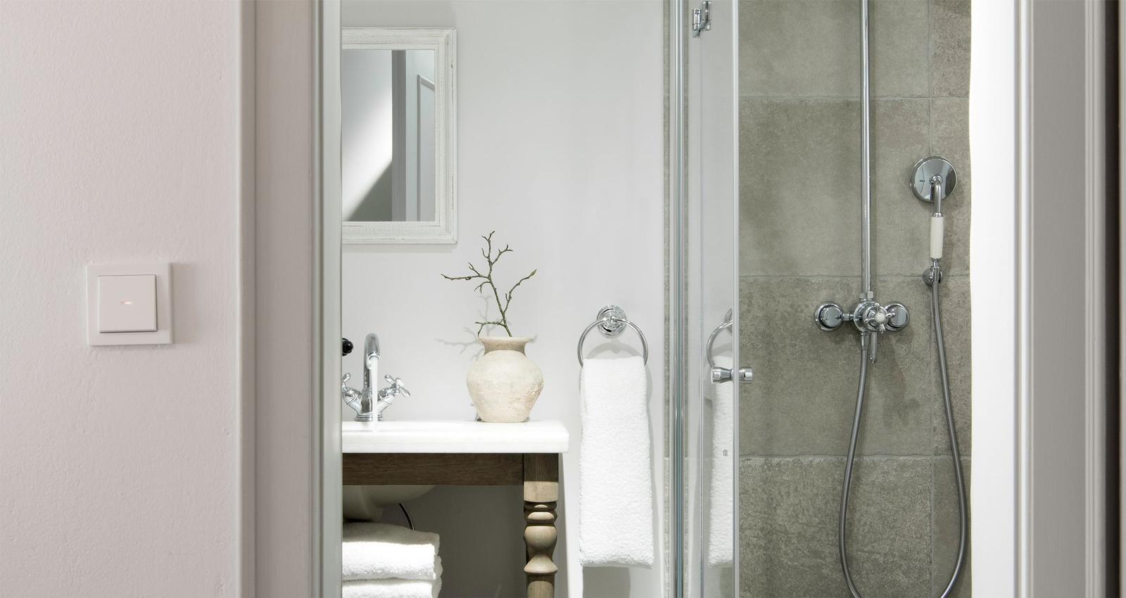 Bathroom with shower, sink, and mirror