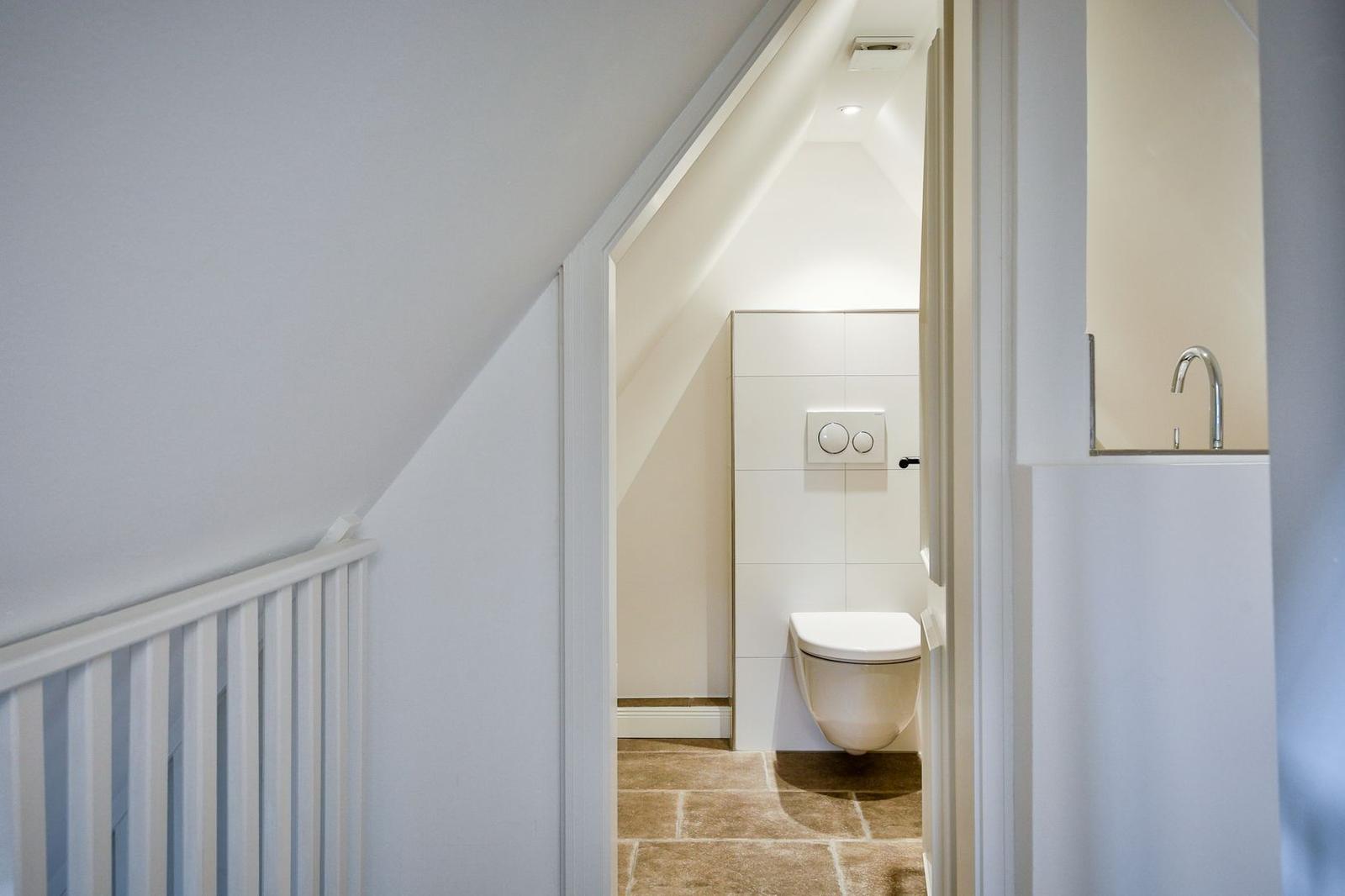 Shower and toilet in a bright room with sloped walls and brown tiles.