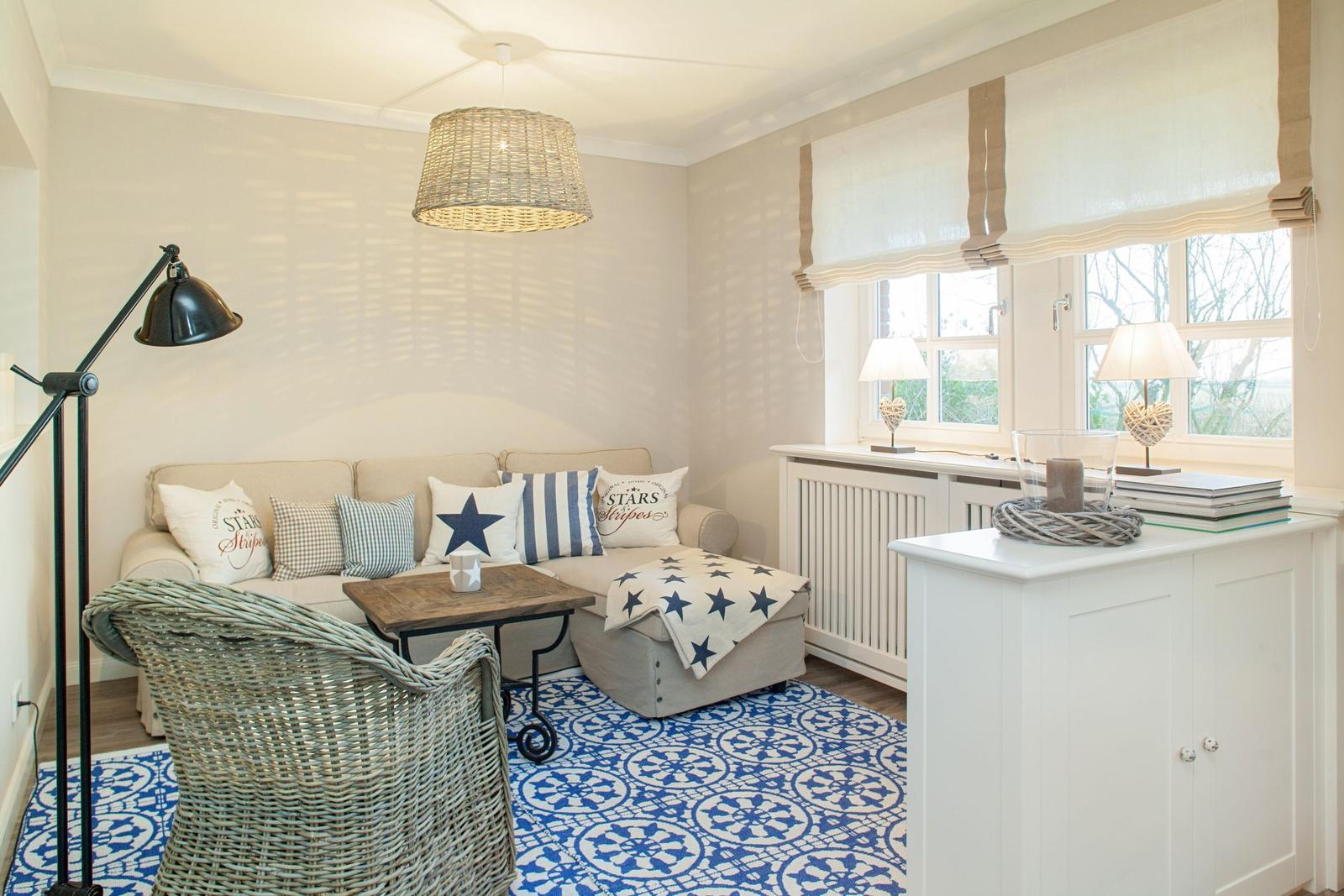 Living room with sofa, cushions, table, and chair on blue-and-white rug.